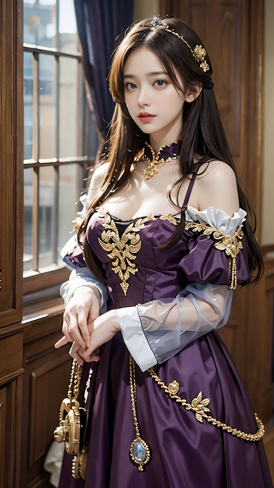 (Pure color: 0.9), (color: 1.1), (masterpiece: 1,2), highest quality, masterpiece, High resolution, original, highly detailed wallpaper, beauty, victorian, dress, melancholy, big breasts, Sepia color, 40 years old  