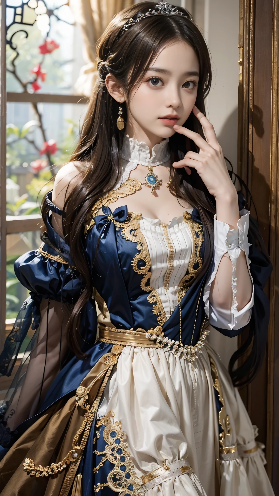 (Pure color: 0.9), (color: 1.1), (masterpiece: 1,2), highest quality, masterpiece, High resolution, original, highly detailed wallpaper, beauty, victorian, dress, melancholy, big breasts, Sepia color, 40 years old  