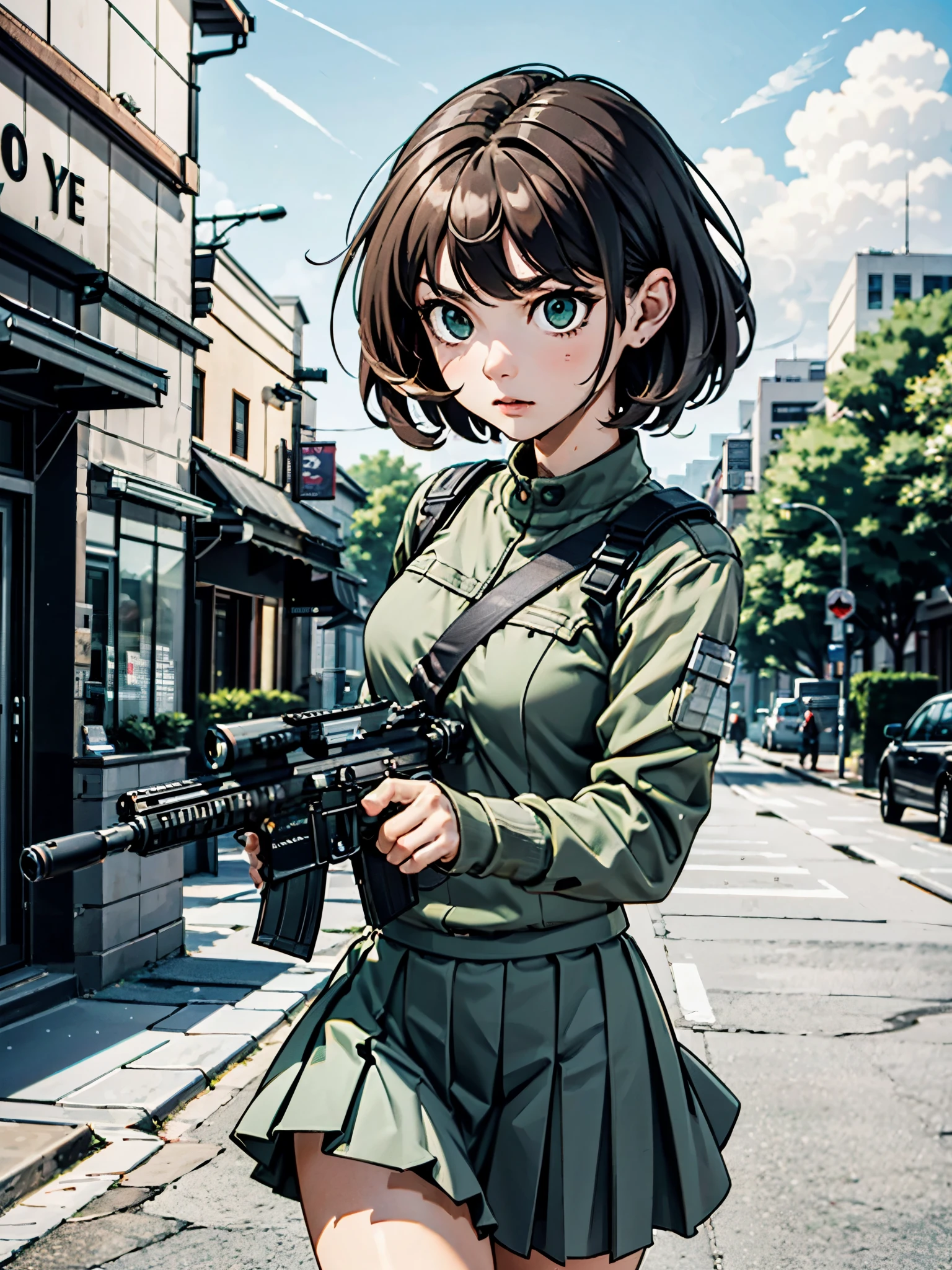 (((pixel-perfect, detail-perfect))), lens flare, depth of field, (close-up:1.3), (wide shot, fisheye:0.85), facefocus, 1girl, standing, taller body, perfect proportions, medium brown hair, green eyes, serious, high school girl, pleated skirt, medium skirt, (using weapon, assault rifle, aiming, aim:1.2), gun, h&k hk416, carbine, open fire, firing, sunny, blue sky, cloudy sky, city, street, ((only five fingers))