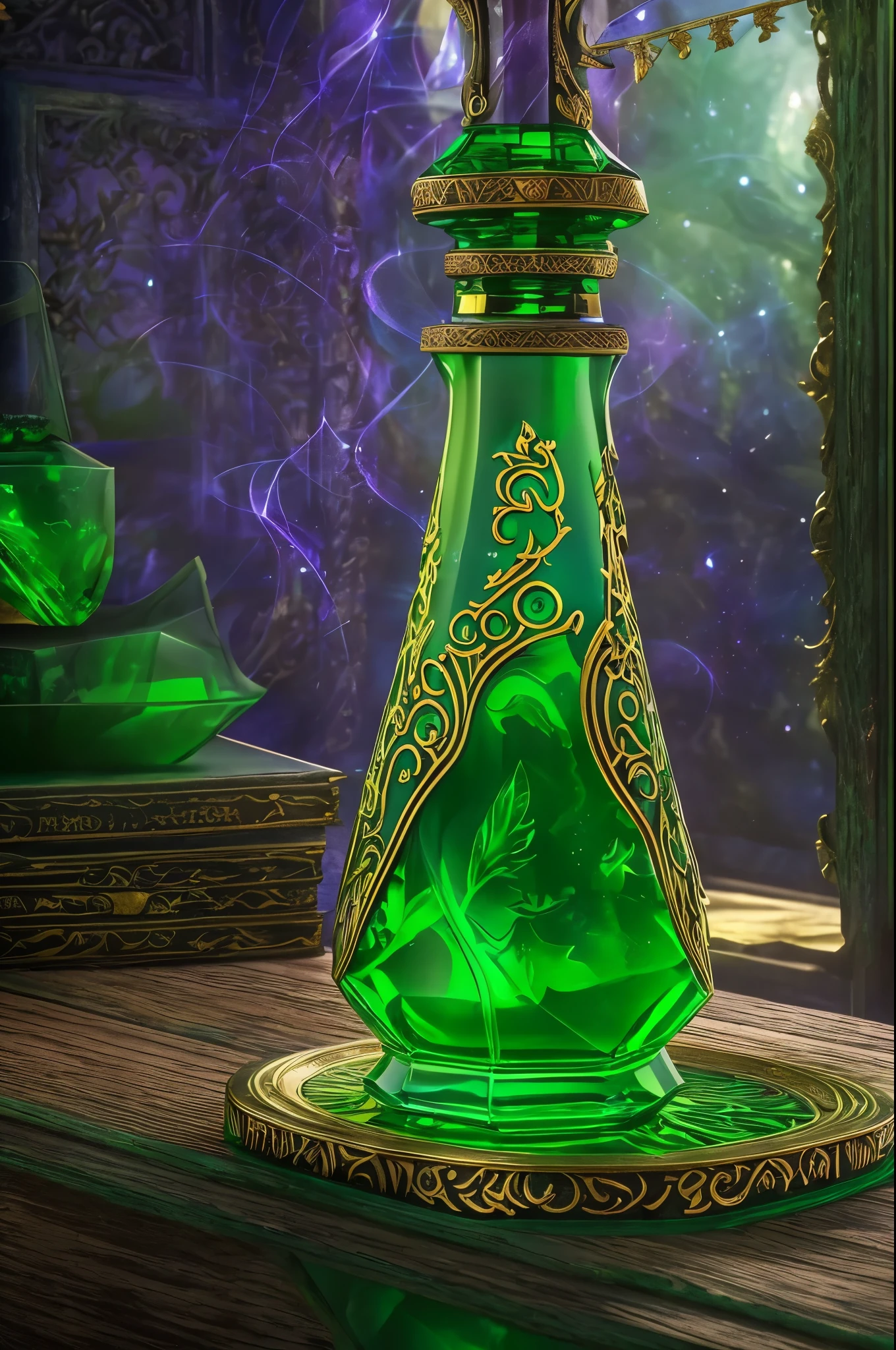 A magical potion with a green liquid color, captured in the best quality and presented as an 8k panoramic view. The potion sparkles with a mesmerizing glow, radiating an aura of mystery and enchantment. The liquid is contained in a vintage glass bottle, adorned with intricate golden patterns that reflect the light and enhance its allure. The surroundings are shrouded in an ethereal mist, adding a sense of mysticism and secrecy to the scene. The potion's surface is smooth and glossy, with fine, swirling wisps of smoke rising from its depths. As the light touches the potion, it reveals subtle hints of iridescent shimmer, giving it an otherworldly and magical quality. The colors are vivid, with shades of emerald green and sparkling highlights, creating a visually captivating and captivating experience. This masterpiece showcases the potion in all its glory, inviting viewers into a world of magic and wonder.