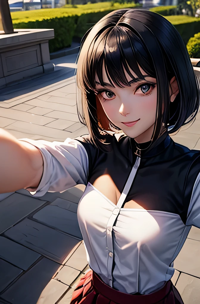 beautiful face,anime,cool beauty,1 girl,black hair,medium hair,medium chest,20th generation,no pubic hair,Height: 162cm,sharp outline,slim body,garden,smile,Half-up hairstyle,(selfie:1.5),blouse,flare skirt,