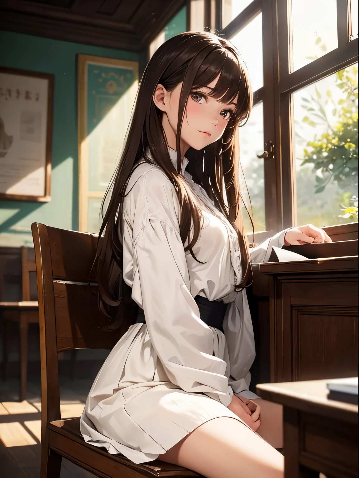 (best quality: 1.37, ultra-detailed: 1.37, realistic: 1.37),
Vibrant colors enliven the image, adding depth and life to every pixel. The intricate bokeh effect softly focuses on the girl, creating a dreamlike atmosphere. this masterpiece:1.2, beautifully showcases the scene, with each detail meticulously rendered. The lens glow adds a touch of authenticity to the image, further emphasizing its high-quality production.
The girl, a beautiful brunette with long, luscious locks cascading down her back, is seen sitting gracefully in the classroom. She is wearing a seraf