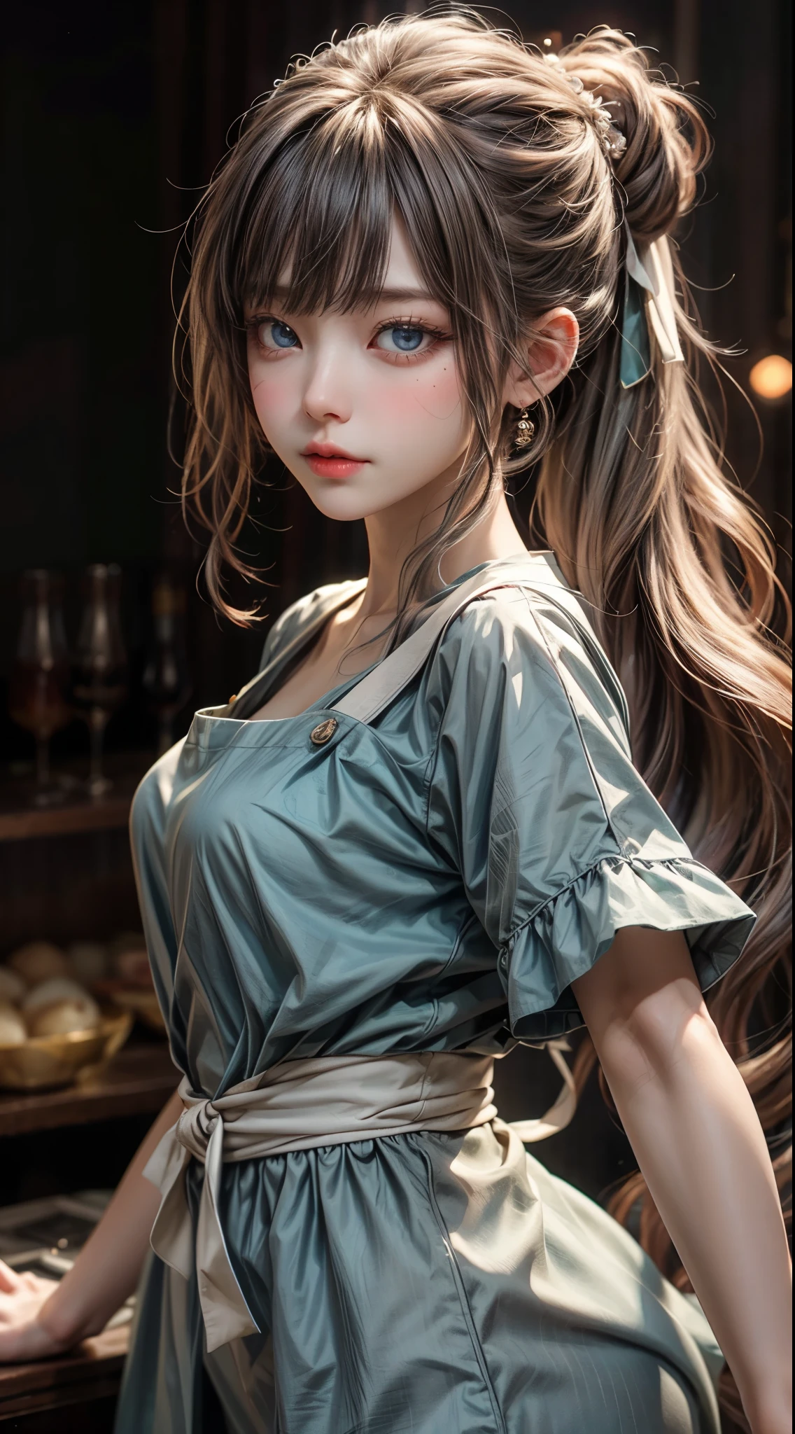 bright look、photorealism、highest quality、超A high resolution、photograph、スカンジナビアから来たとても美しい女の子のphotograph、extraordinary beautiful girl、cute and beautiful face details、(face to face with the children_V1:0.008)、beautiful bangs、alice in wonderland、18-year-old、radiant white skin、facial hair、Bangs that extend to the face、bangs between eyes、super long hair、Silky straight super long hair with an attractive pale platinum blonde color.、thin hair、Attractive and shining beautiful bright and clear light blue big eyes、white ?????、yellow dress、eyeliner、double eyelid、rich bust、random sexy pose、goblin