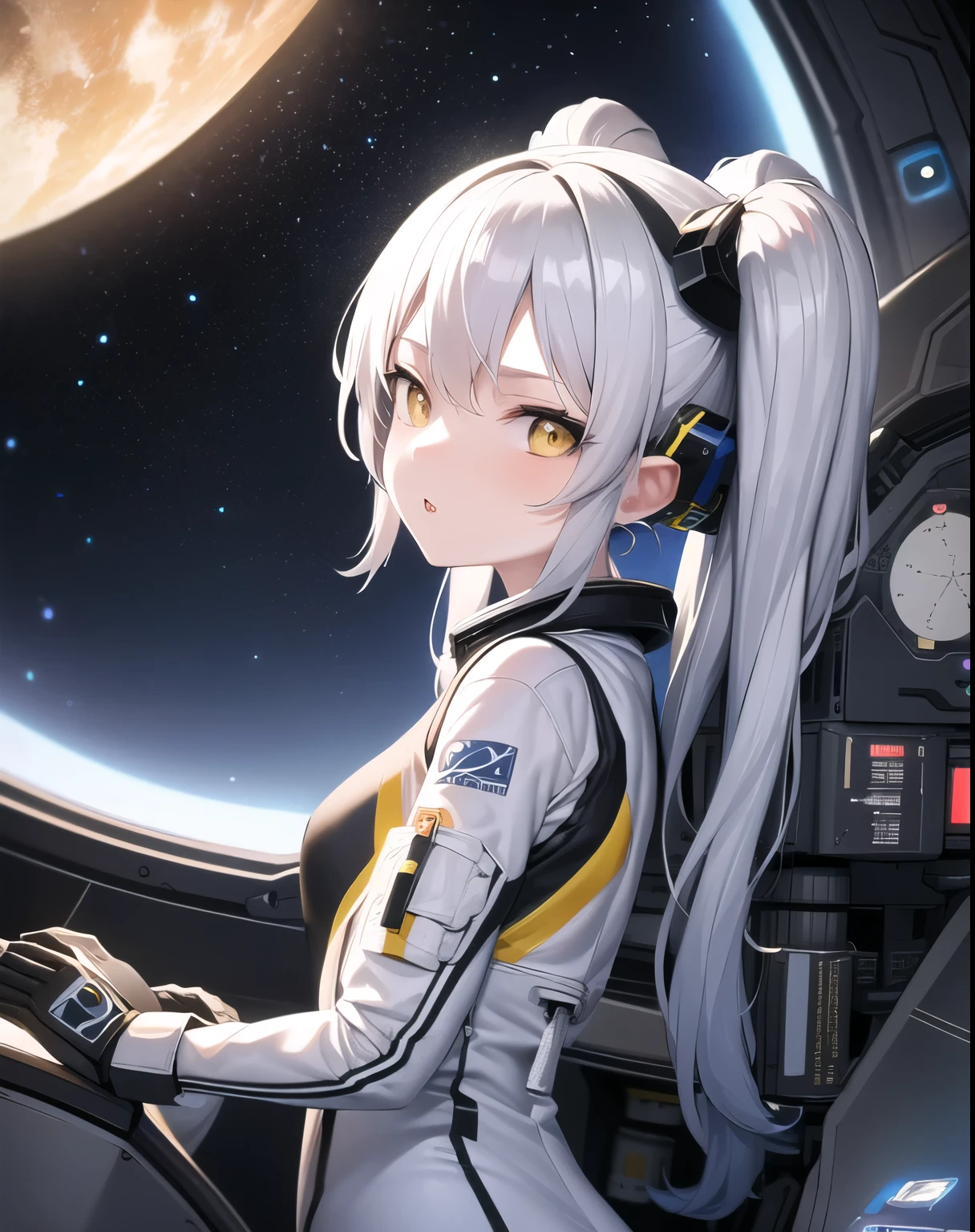 masterpiece, best quality, 1girl, (space), spacecraft, (spacesuit), upper body, from side, science fiction, yellow eyes, twintails, silver hair,