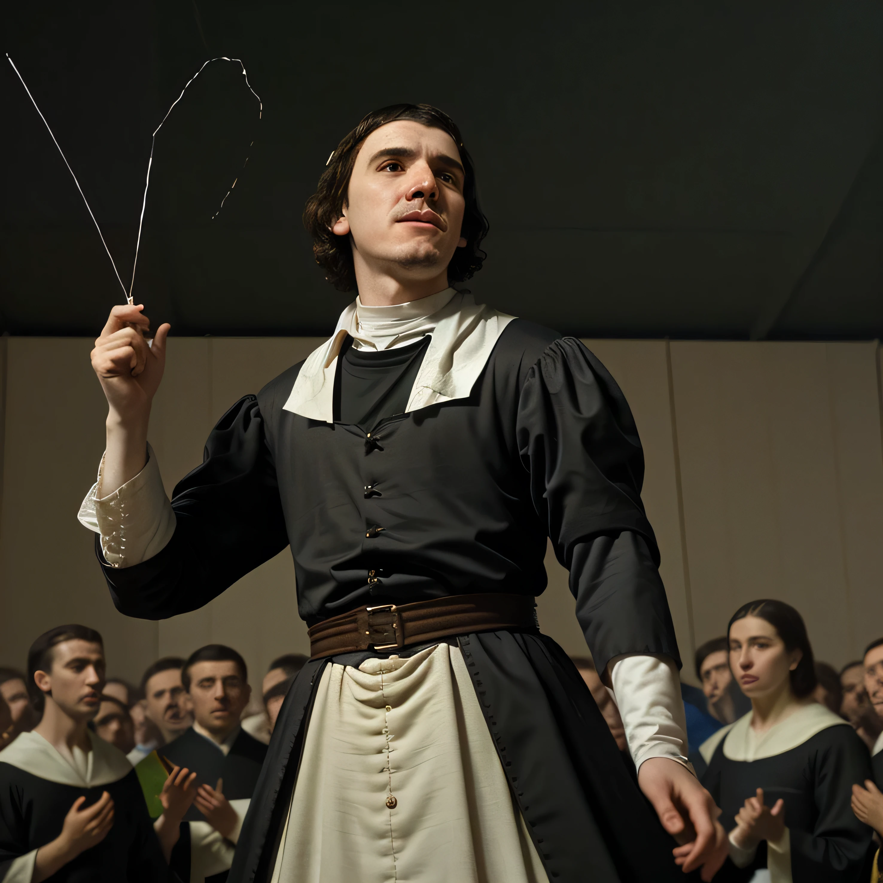 Create an image of Saint Vincent Ferrer throwing a handkerchief in the air towards the crowd