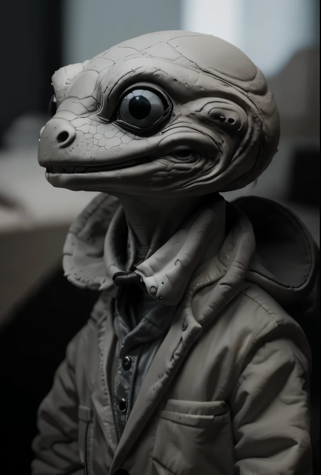 black and white photo of a small stuffed animal, Mother portrait, Anton Semenov, Clay character, inspired by E. T. A. Hoffmann, Grey Anthropomorphic, as a Clay character, Junji, that's 4 thousand, Stop-motion character animation, clay render, six of little nightmares, Humanoid monster turtle, Mother