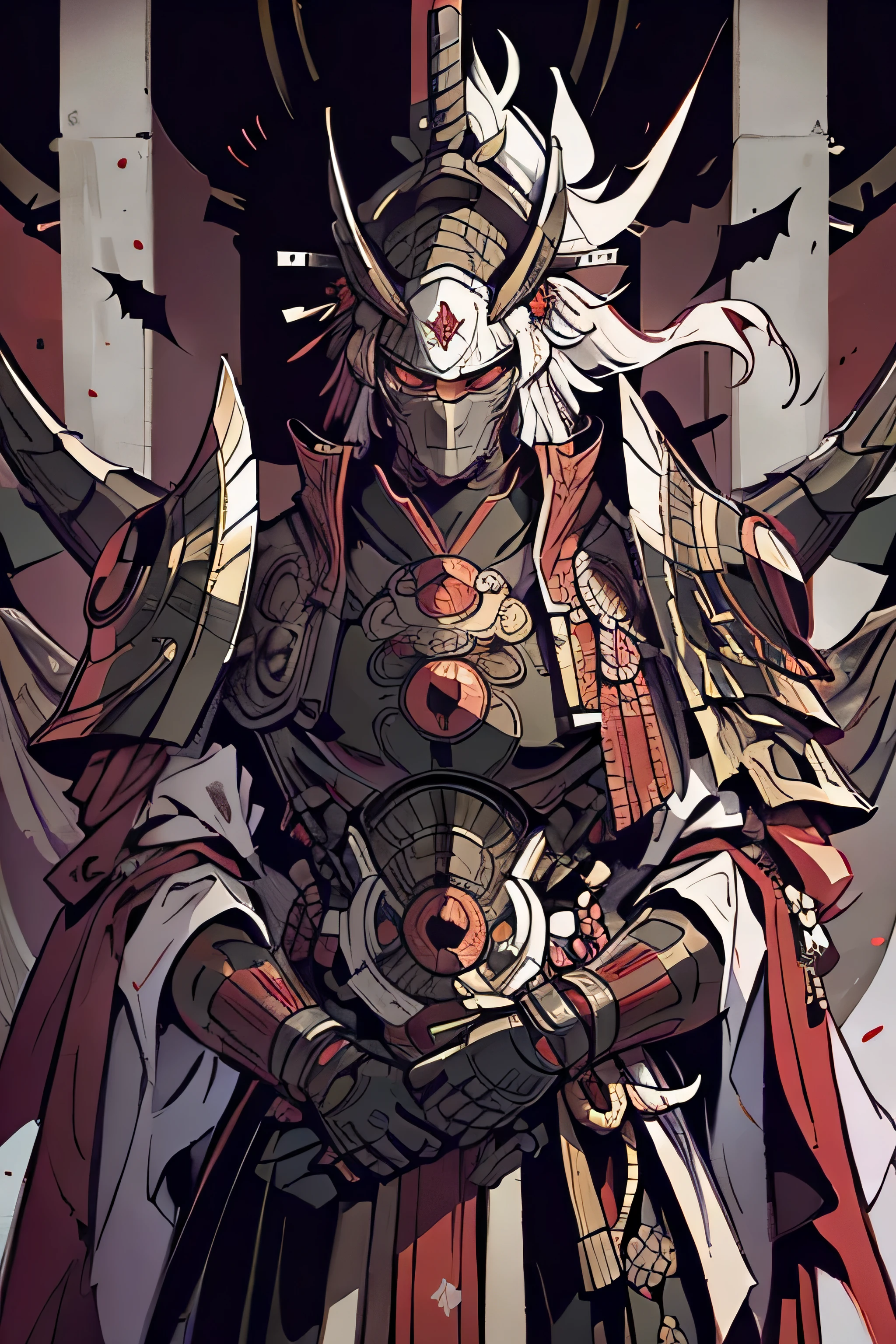 (um poderoso guerreiro samurai:1.1, atmosfera intensa, capacete blindado preto, dark samurai mask covering the face, estilo mortal kombat, manoplas pretas, Armadura de perna preta, Olhos vermelhos brilhantes, esclera dos olhos preta, imposing presence, era feudal nobre, Samurai warrior from the Sengoku period, Formidable figure, pronto para a batalha, Destemido:1.1)
