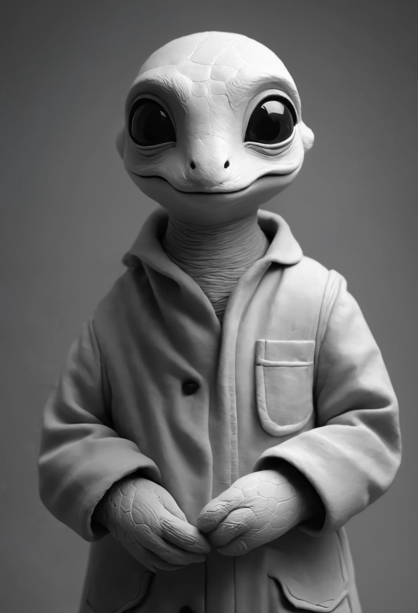 black and white photo of a small stuffed animal, Mother portrait, Anton Semenov, Clay character, inspired by E. T. A. Hoffmann, Grey Anthropomorphic, as a Clay character, Junji, that&#39;s 4 thousand, Stop-motion character animation, clay render, six of little nightmares, Humanoid monster turtle, Mother