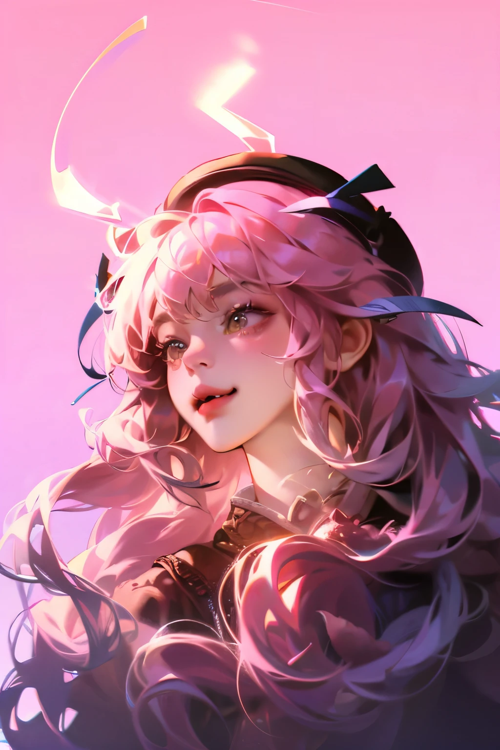 fake animal ears, light smile, ear blush, fang, pink hair, bangs, curly hair, side braid, halo, beret, animal ears, cat ears, Surrealism, drop shadow, anaglyph, stereogram, tachi-e, pov, atmospheric perspective, 8k, super detail, ccurate, best quality