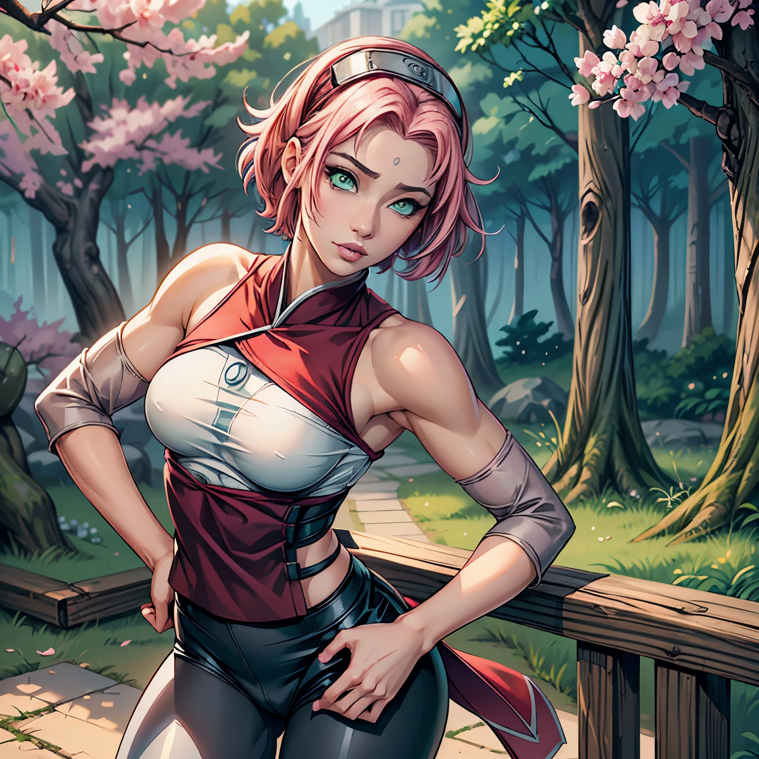 ((ultra quality)), ((masterpiece)), sakura, Naruto Shippuden, ((pinkshort hair)), (beautiful cute face), (beautiful female lips), Charming, ((sexy facial expression)), looks at the camera, eyes slightly open, (skin color white), (blue skin), glare on the body, ((detailed beautiful female eyes)), ((green eyes)), (juicy women's lip liner), (beautiful female hands), ((ideal female figure)), ideal female body, beautiful waist, gorgeous thighs, beautiful small breasts, ((thin and beautiful)), stands temptingly (Rear view), (sakura Uzumaki's clothes, black skinny shorts, leggings, Hidden Leaf Village Shinobi Clothes) background: hidden leaf village, Naruto shippuden, ((depth of field)), ((clear high quality image)), (Clear details), ((high detail)), really, professional photo shoot, ((Clear Focus)), anime