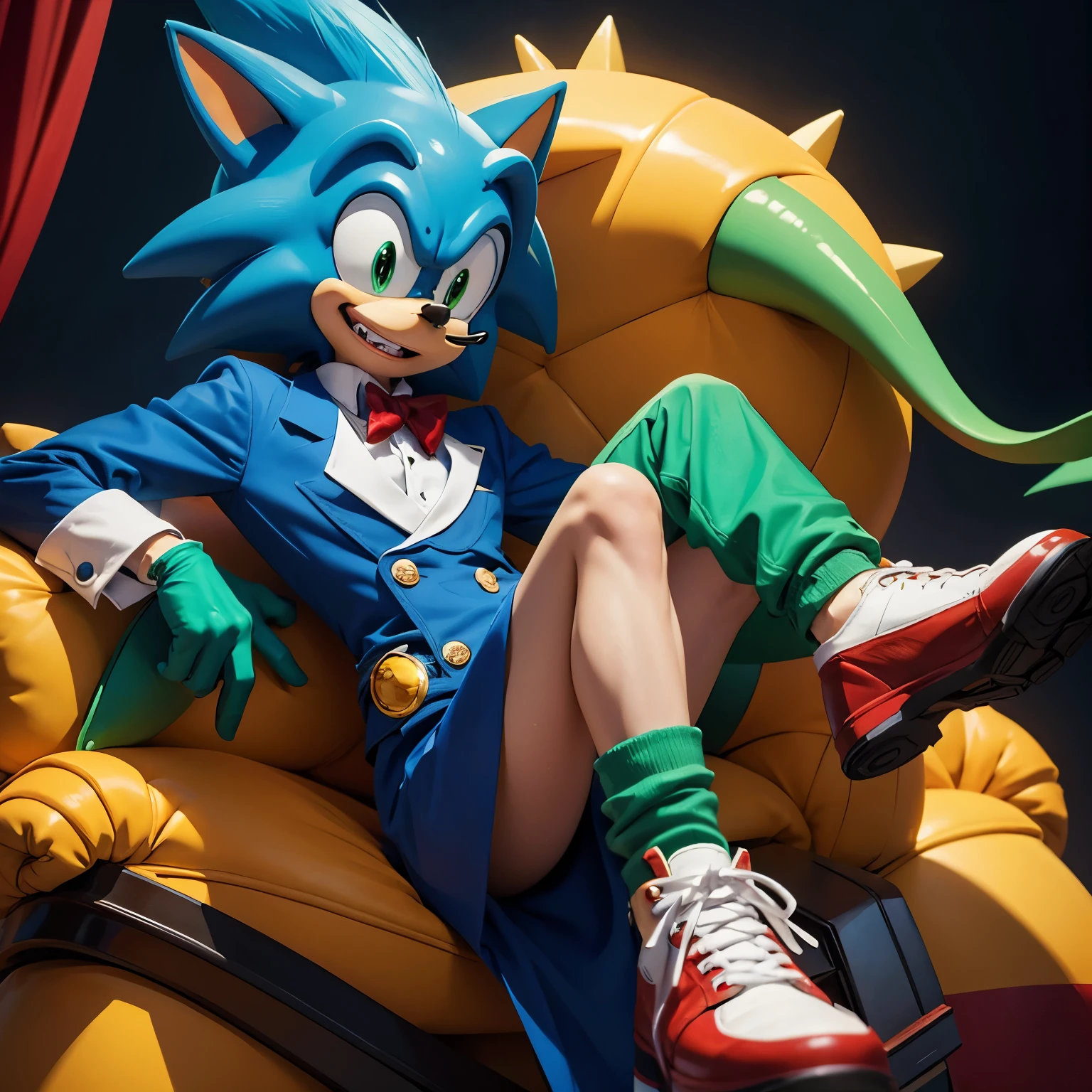 A classic sonic with orange fur, green gloves, the same sonic shoes but the red parts are blue, the shoe band is green, he has a blue tophat  with a yellow band in the middle of the tophat, and he has black pupils, and he has green spiky hair on his forehead.