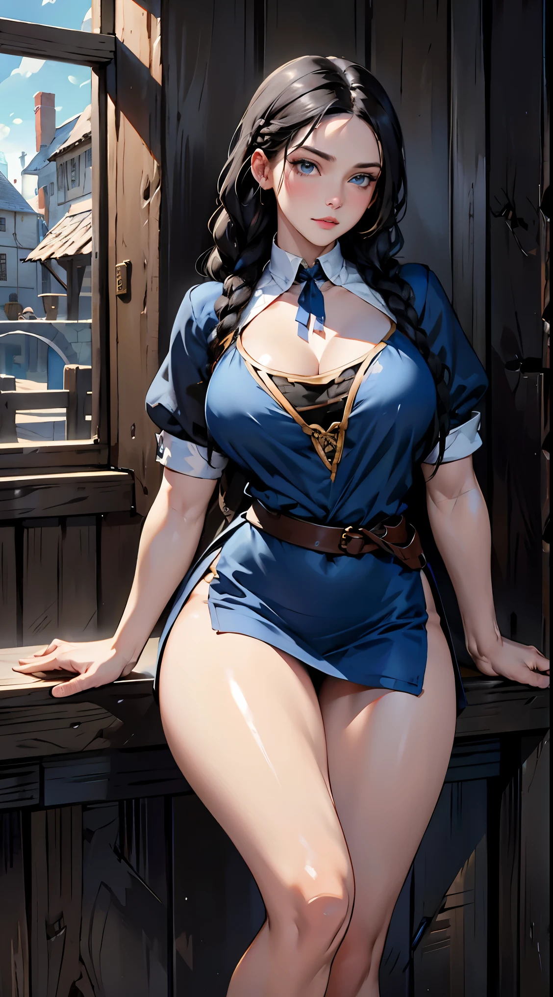 photorealistic, high resolution, 1women, shining skin, solo, perfect face, (long black braided hair), (blue eyes), closed mouth, muscular legs, barmaid, medieval tavern 