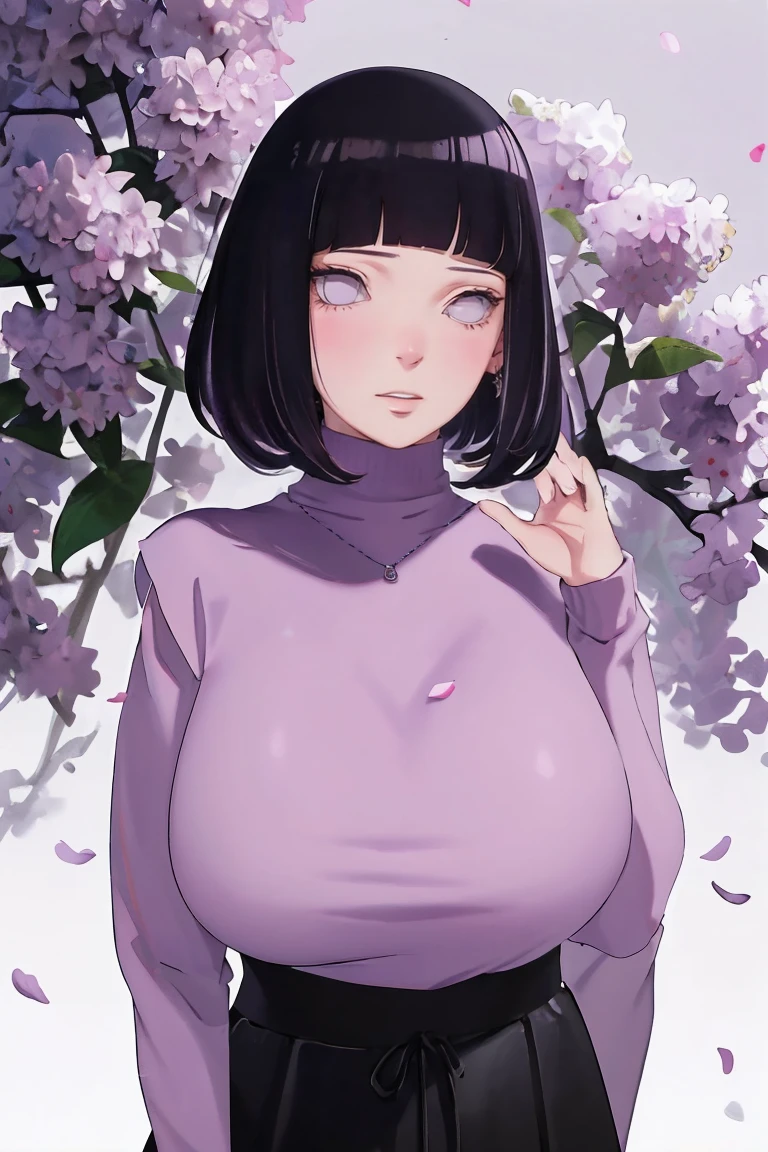 { - anatomy error} (Masterpiece - Ultra-detailed, very high resolution) (huge titusty, masterpiece, absurdres, hinata\(boruto\), 1girl, solo,mature female, lilac turtleneck blouse, black pant, looking at viewelling petals), perfect composition, detailed lips, big breast, beautiful face, body propotion, blush, (pink lips), short hair, (black hair), purple eyes, soft gaze, super realistic, detailed, photoshoot, realistic face and body, closed mouth , lilac eyes, upper body, hidden hands, perfect fingers, inocent face, portrait