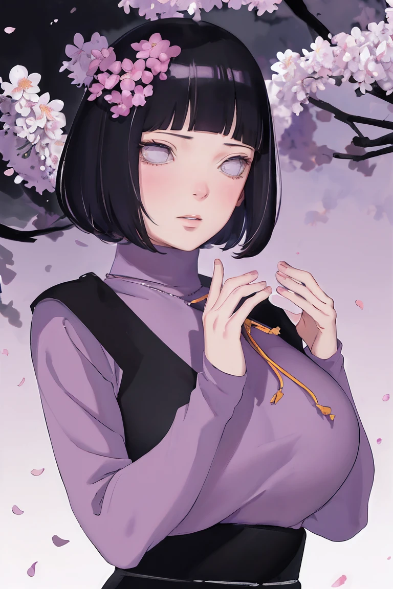 { - anatomy error} (Masterpiece - Ultra-detailed, very high resolution) (huge titusty, masterpiece, absurdres, hinata\(boruto\), 1girl, solo,mature female, lilac turtleneck blouse, black pant, looking at viewelling petals), perfect composition, detailed lips, big breast, beautiful face, body propotion, blush, (pink lips), short hair, (black hair), purple eyes, soft gaze, super realistic, detailed, photoshoot, realistic face and body, closed mouth , lilac eyes, upper body, hidden hands, perfect fingers, inocent face, portrait