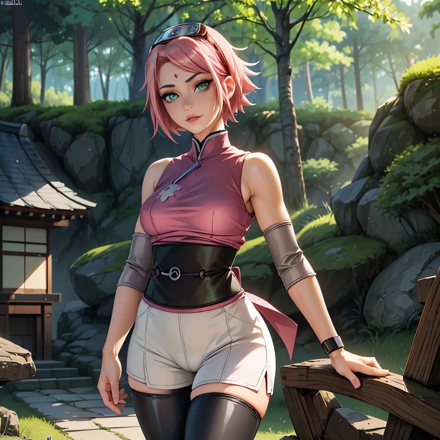 ((ultra quality)), ((masterpiece)), sakura, Naruto Shippuden, ((pinkshort hair)), (beautiful cute face), (beautiful female lips), Charming, ((sexy facial expression)), looks at the camera, eyes slightly open, (skin color white), (blue skin), glare on the body, ((detailed beautiful female eyes)), ((green eyes)), (juicy women&#39;s lip liner), (beautiful female hands), ((ideal female figure)), ideal female body, beautiful waist, gorgeous thighs, beautiful small breasts, ((thin and beautiful)), stands temptingly (Rear view), (sakura Uzumaki&#39;s clothes, black skinny shorts, leggings, Hidden Leaf Village Shinobi Clothes) background: hidden leaf village, Naruto shippuden, ((depth of field)), ((clear high quality image)), (Clear details), ((high detail)), anime