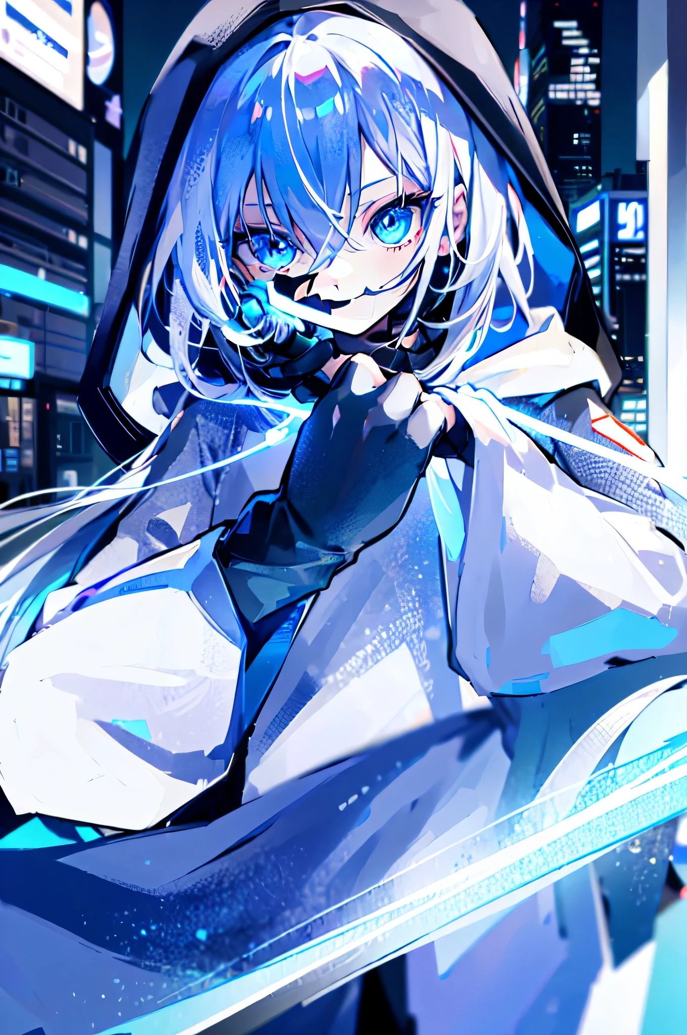 (best image quality), 1 girl, hoodie, hood, 2 2D, anime, night, city, masterpiece, headphone, light blue eyes, silver hair, beautiful eyes, rich expressive power, A big smile, Close ~ eyes, have a sword
