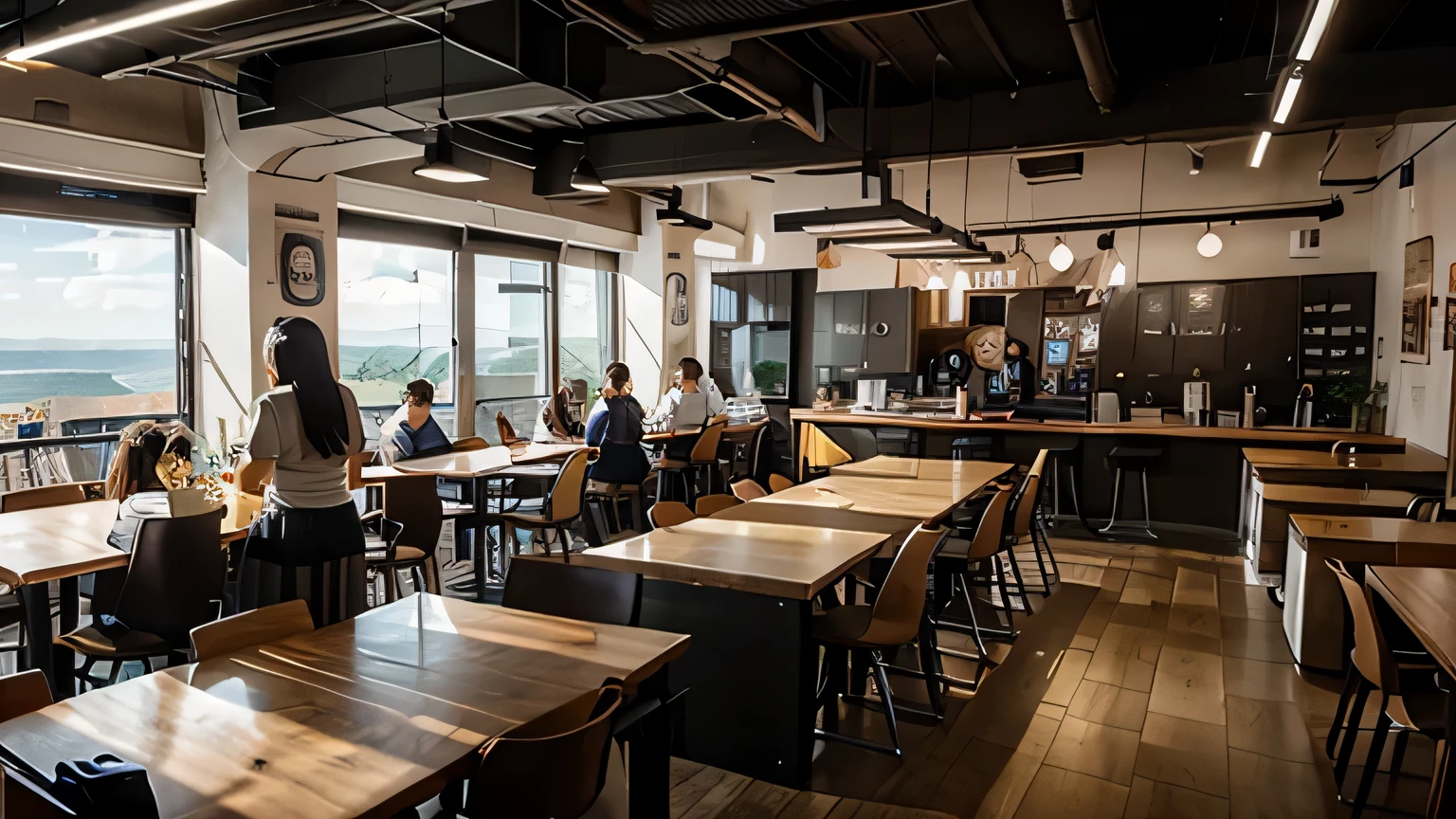 Panoramic view of a cafe with computers on desks