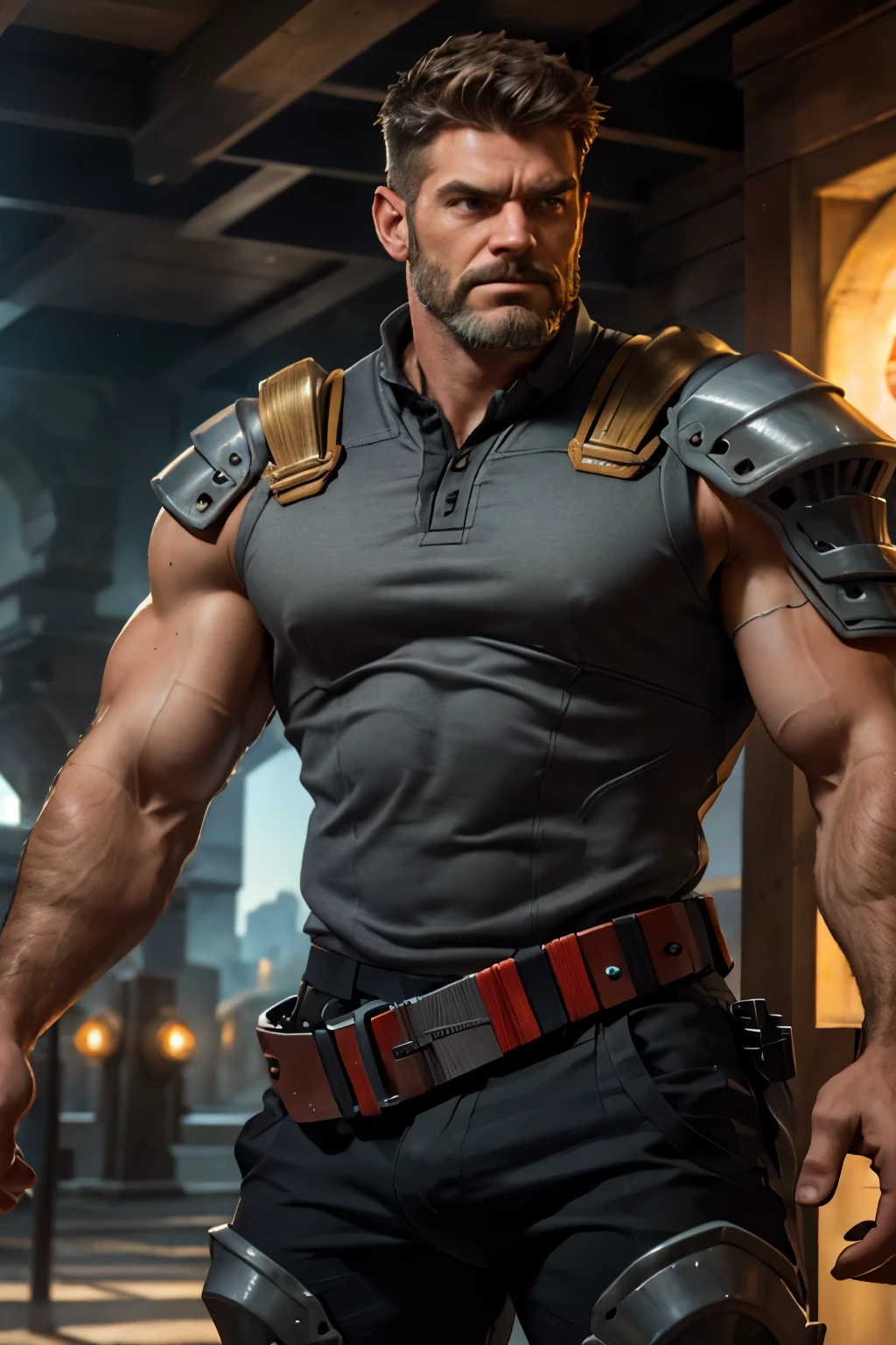 An award-winning original photo，A wild muscular man, (40 years old daddy:1.1), 1boy, Solo, (sleeveless elsword style armor), (black trouser), (big shoulders), musculature, stubbles, Short beard, Beautiful eyes:1.3, ), (Detailed face:1.3), grumpy face, Dynamic Angle, volumetric lighting, (Best quality, A high resolution, Photorealistic), Cinematic lighting, Masterpiece, RAW photo, Intricate details, hdr, depth of field, upper body shot, kingdom background