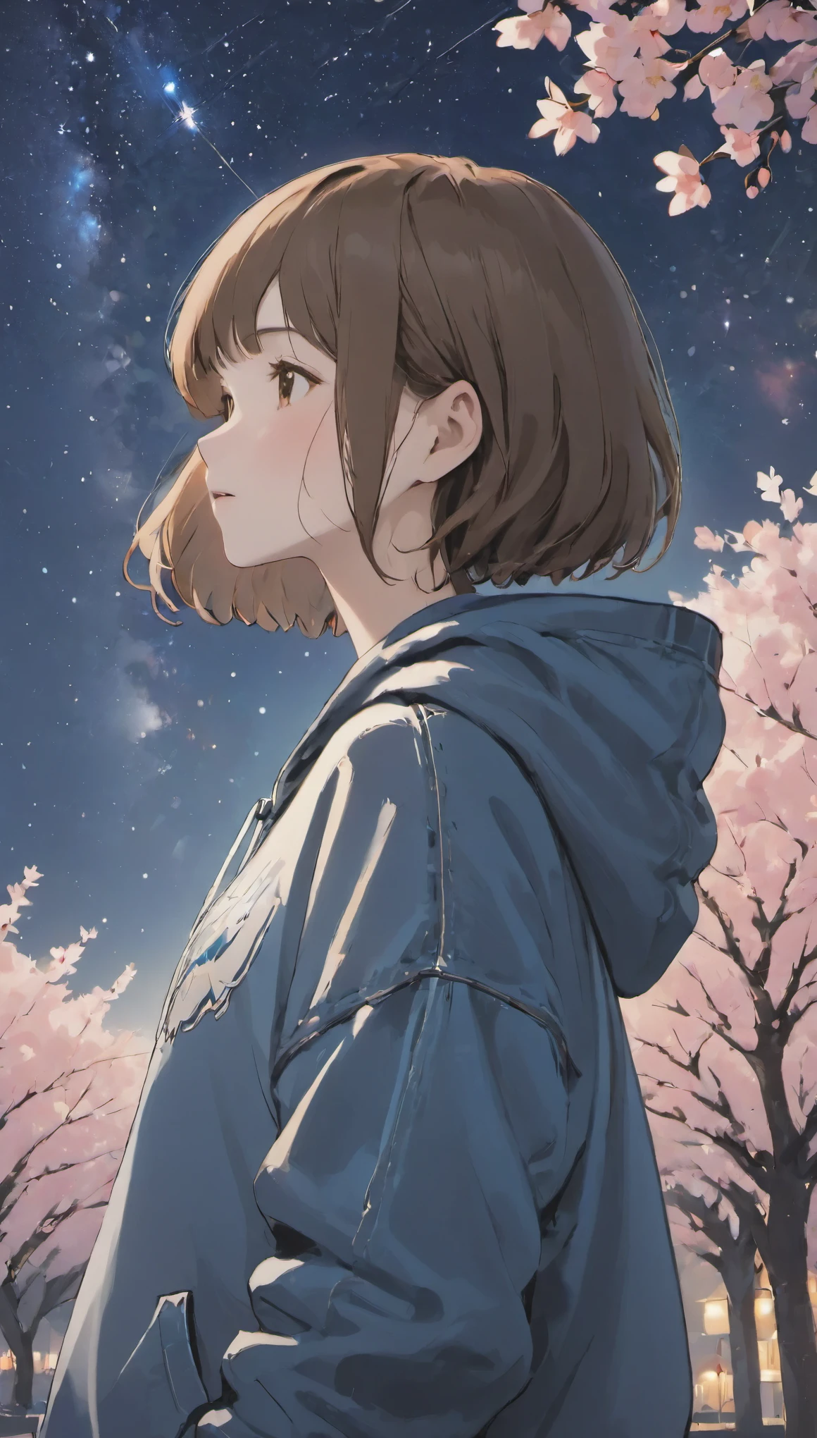 Upper body from the knee up、one girl，brown hair、short bob、Simple hoodie，three-quarter length denim,one cherry tree,　look up at the night sky、The entire starry sky of the galaxy，nice,twinkling starlight，unlimited，great charm,　highest quality,　master piece,　ultra high resolution,　A scene from a movie,　８ｋ,　