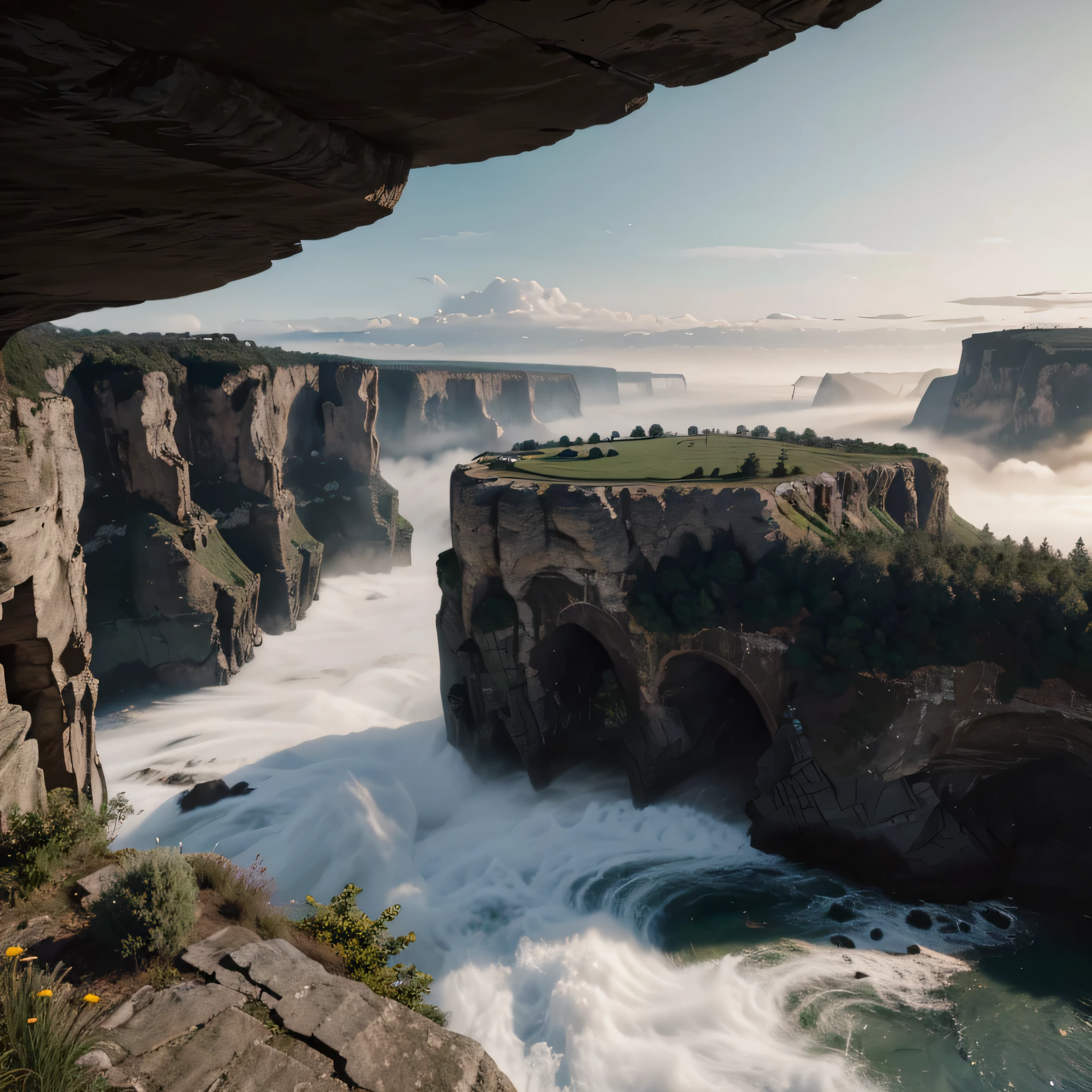 a cliff overlooking a waterfall, several arch-shaped stones at the top, matte painting 8k, matte paint 8K, vertical wallpaper 8K, vertical wallpaper 8K, vertical wallpaper 4K, vertical wallpaper 4K, lost series, realistic fantasy rendering, digital painting with 8K resolution, digital painting with 8K resolution, Jessica Rossier fantasy art, 4K rendered matte paint, 3D rendered matte paint