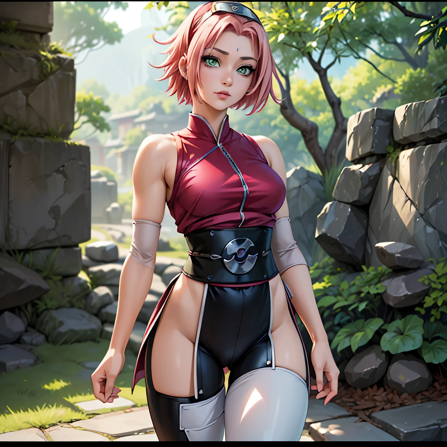 ((ultra quality)), ((masterpiece)), sakura, Naruto Shippuden, ((pinkshort hair)), (beautiful cute face), (beautiful female lips), Charming, ((sexy facial expression)), looks at the camera, eyes slightly open, (skin color white), (blue skin), glare on the body, ((detailed beautiful female eyes)), ((green eyes)), (juicy women&#39;s lip liner), (beautiful female hands), ((ideal female figure)), ideal female body, beautiful waist, gorgeous thighs, beautiful small breasts, ((thin and beautiful)), stands temptingly (Rear view), (sakura Uzumaki&#39;s clothes, black skinny shorts, leggings, Hidden Leaf Village Shinobi Clothes) background: hidden leaf village, Naruto shippuden, ((depth of field)), ((clear high quality image)), (Clear details), ((high detail)), anime