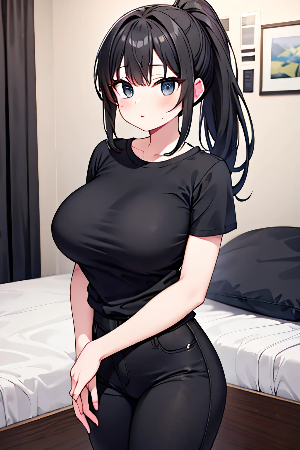 big breasts　older sister　ponytail　black hair　wearing black clothes　beautiful woman　highest quality　Wearing a long black T-shirt　wearing a plain T-shirt　wearing black pants