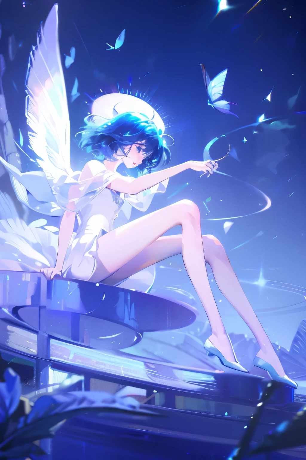 1 girl,clear water,blue butterfly,Pure white gauze skirt,sparkling,sit in the air