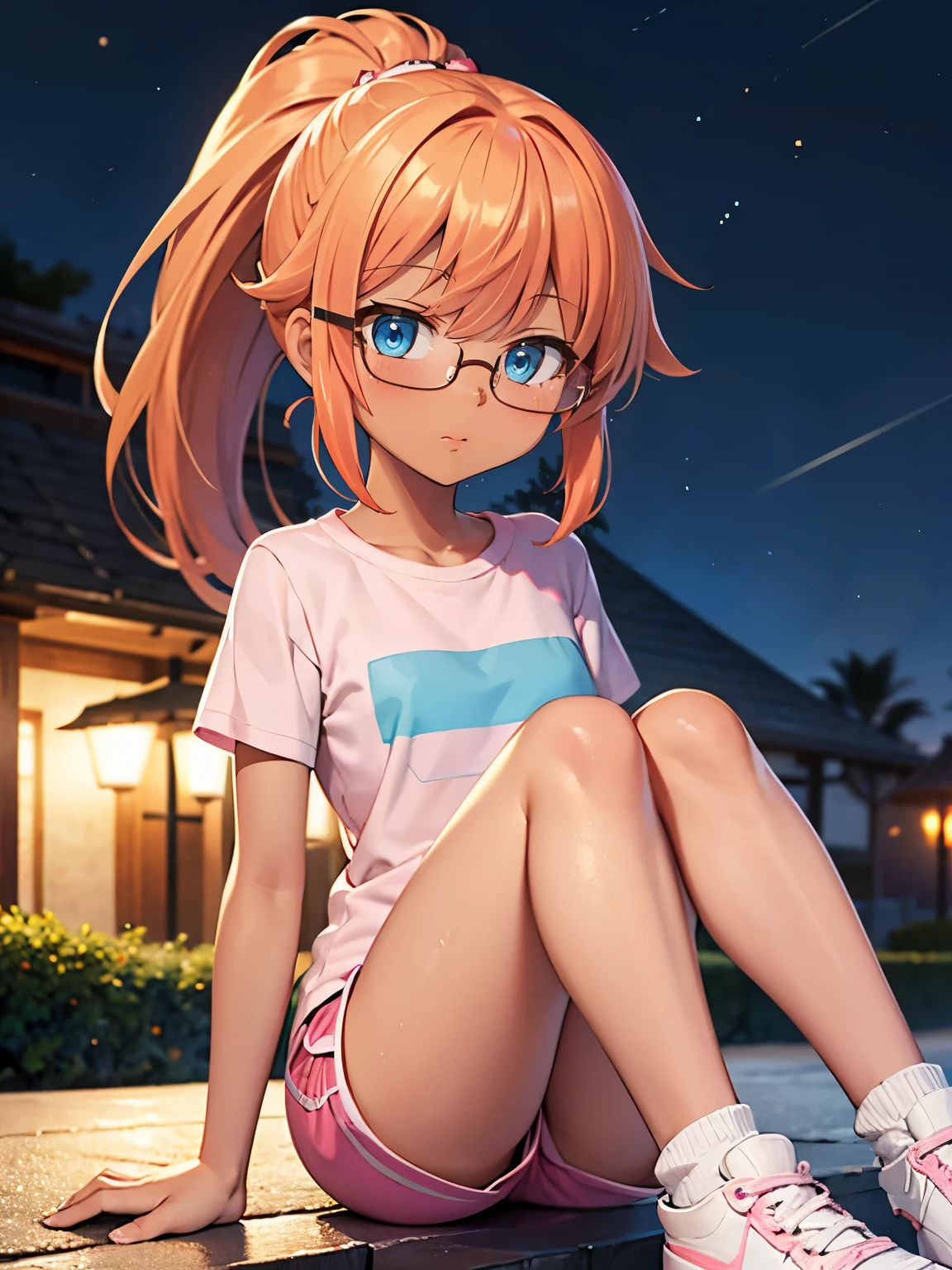 Orange hair, blue eyes, long hair, ponytail, short, pink shirt, pink shorts, Latina, white shoes, outside, night, large chest, bangs, tan skin, tsundere, tan, brown skin, portrait, closeup, small, glasses