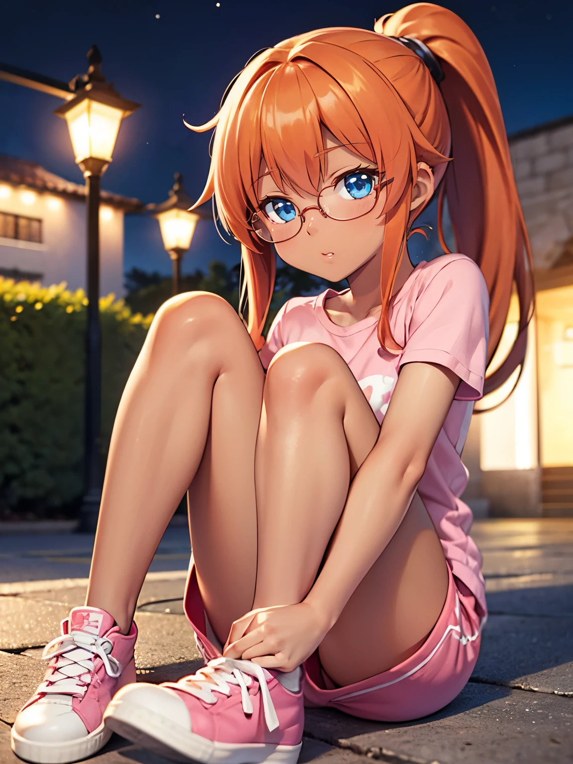 Orange hair, blue eyes, long hair, ponytail, short, pink shirt, pink shorts, Latina, white shoes, outside, night, large chest, bangs, tan skin, tsundere, tan, brown skin, portrait, closeup, small, glasses
