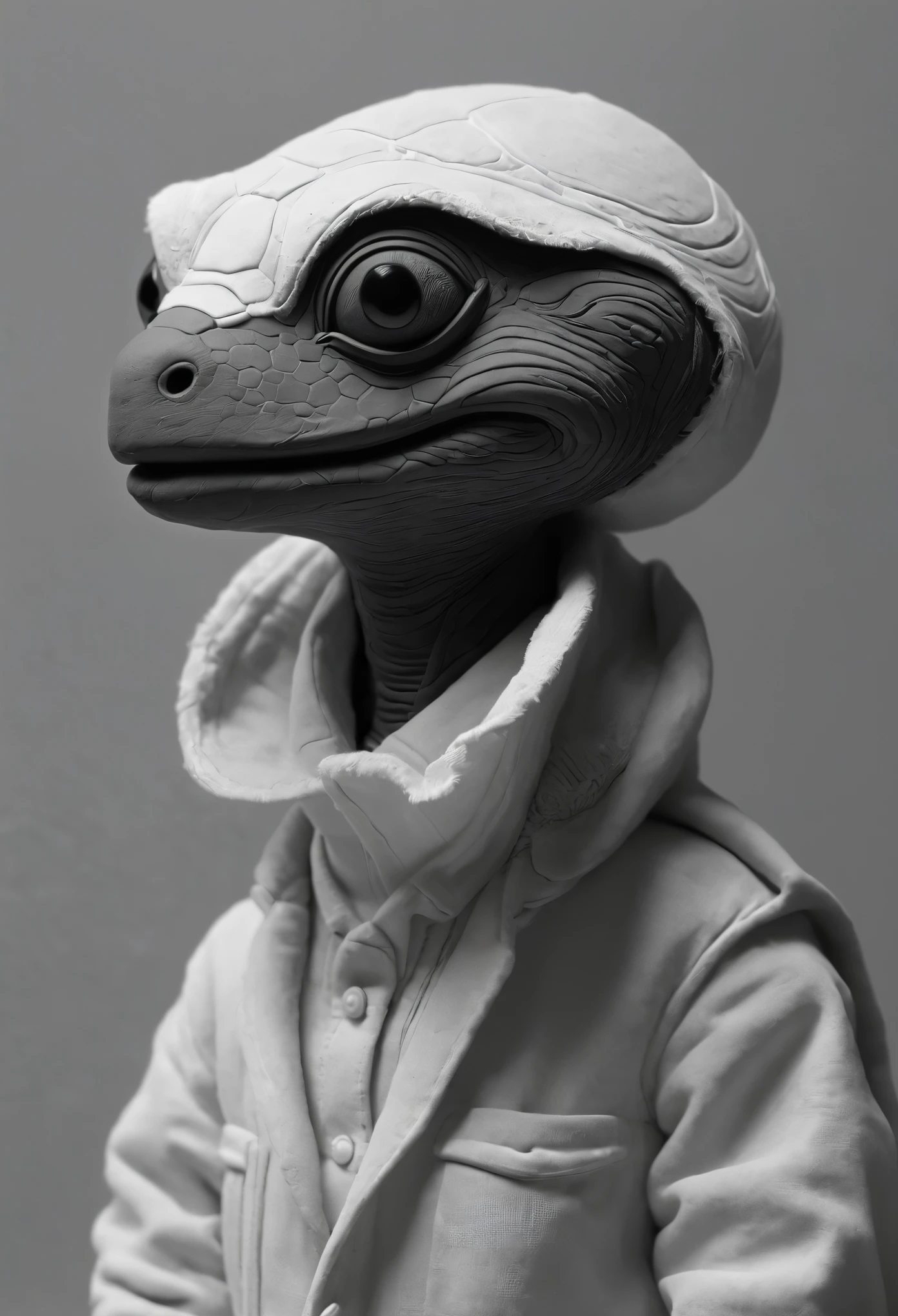 black and white photo of a small stuffed animal, Mother portrait, Anton Semenov, Clay character, inspired by E. T. A. Hoffmann, Grey Anthropomorphic, as a Clay character, Junji, that's 4 thousand, Stop-motion character animation, clay render, six of little nightmares, Humanoid monster turtle, Mother