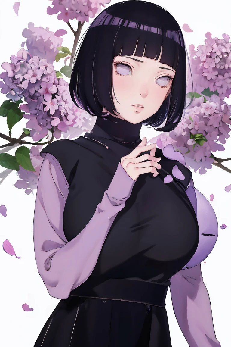 { - anatomy error} (Masterpiece - Ultra-detailed, very high resolution) (huge titusty, masterpiece, absurdres, hinata\(boruto\), 1girl, solo,mature female, lilac turtleneck blouse, black pant, looking at viewelling petals), perfect composition, detailed lips, big breast, beautiful face, body propotion, blush, (pink lips), short hair, (black hair), purple eyes, soft gaze, super realistic, detailed, photoshoot, realistic face and body, closed mouth , lilac eyes, upper body, hidden hands, perfect fingers, inocent face, portrait, dinamic poses