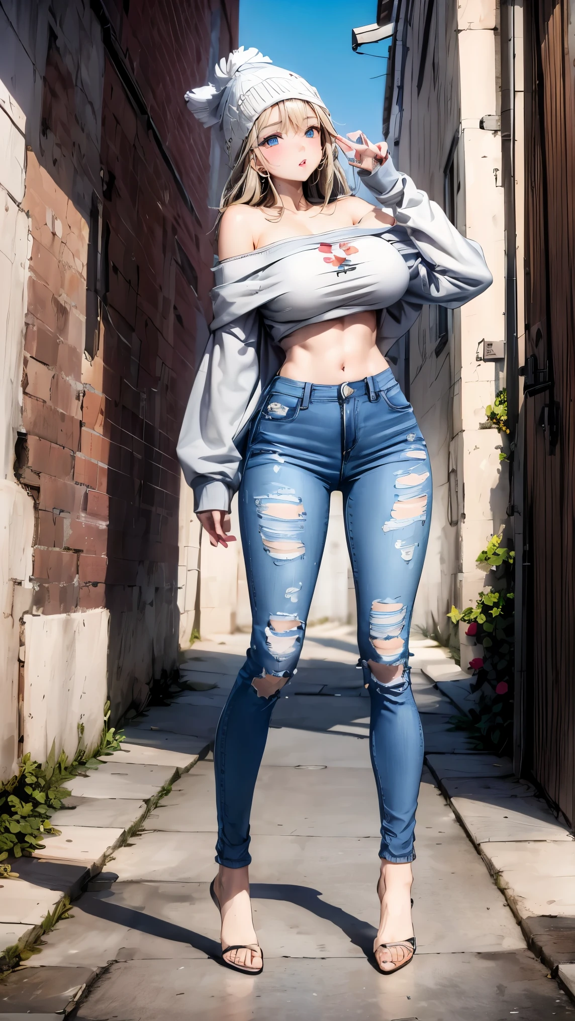 (best quality, masterpiece:1.2), Perfect body, slim waist, Big breasts, off-the-shoulder printed sweatshirt, beanie, jeans, back alley, energetic，full body portrait，back view，slender thighs，