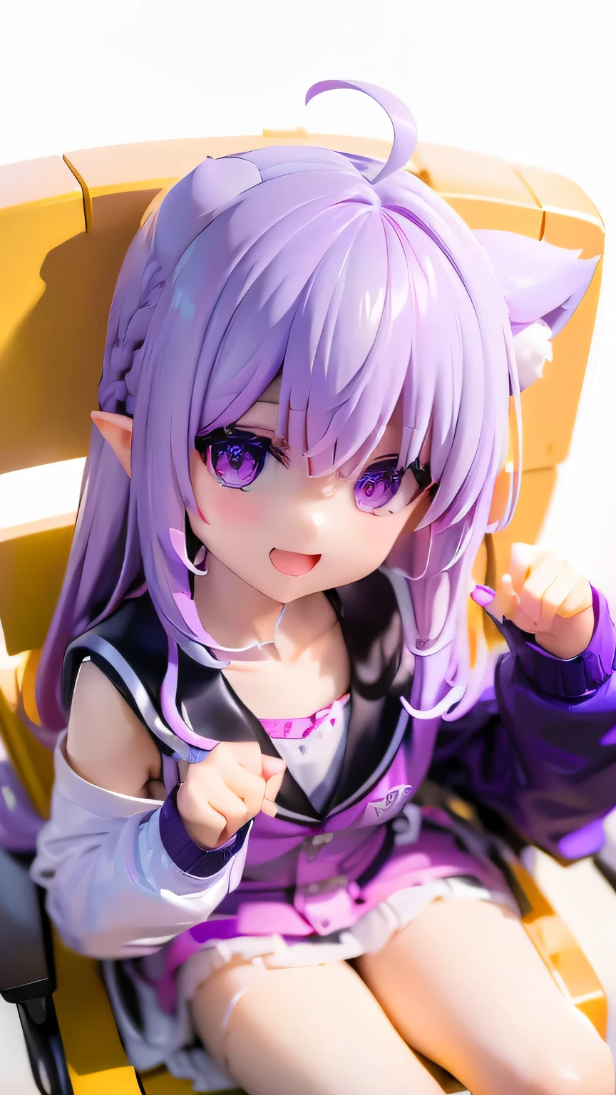 very cute girl、10 years old、purple hair、Fluffy semi-long hair、、purple eyes、big eyes、droopy eyes、cute eyes、(yellow cardigan)、the front of the cardigan is open、(white school uniform)、(black skirt、(11 years old)、white skin、slim and beautiful legs、Super high quality、full body shot、classroom、sitting in a chair、smile、open your mouth