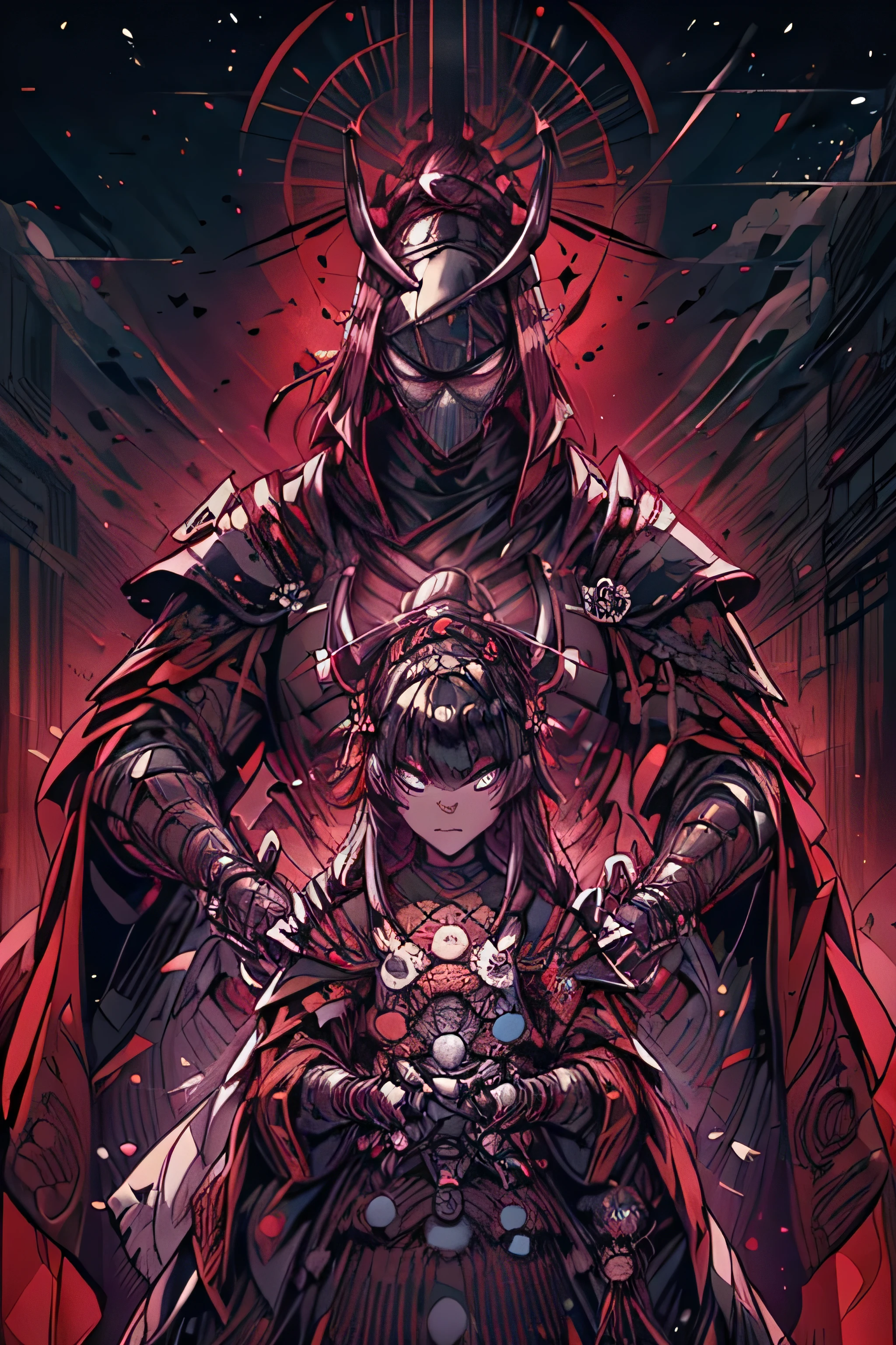 (um poderoso guerreiro samurai:1.1, atmosfera intensa, capacete blindado preto, dark samurai mask covering the face, estilo mortal kombat, manoplas pretas, Armadura de perna preta, Olhos vermelhos brilhantes, esclera dos olhos preta, imposing presence, era feudal nobre, Samurai warrior from the Sengoku period, Formidable figure, pronto para a batalha, Destemido:1.1), olhos com escleras pretas estilo tokyo ghoul, red pupils, dark collors.