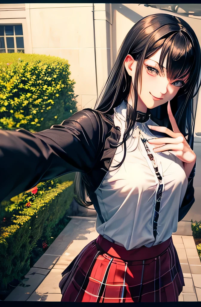beautiful face,anime,cool beauty,1 girl,black hair,medium hair,medium chest,20th generation,no pubic hair,Height: 162cm,sharp outline,slim body,garden,smile,Half-up hairstyle,(selfie:1.5),blouse,flare skirt,