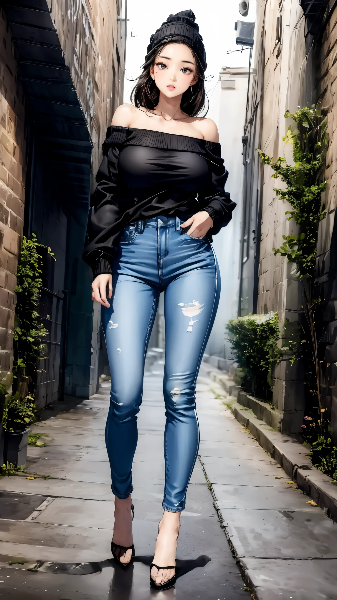 (best quality, masterpiece:1.2), Perfect body, slim waist, Big breasts, off-the-shoulder printed sweatshirt, Beanie without brimmes, jeans, back alley, energetic，full body portrait，back view，slender thighs，