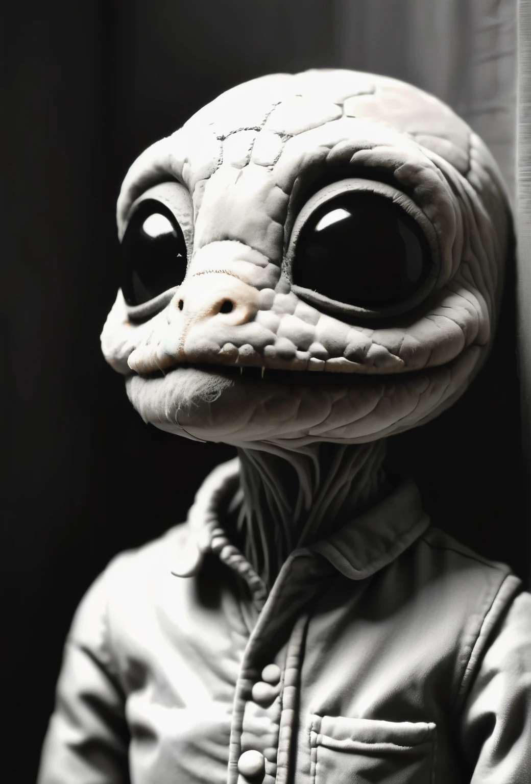 black and white photo of a small stuffed animal, Mother portrait, Anton Semenov, Clay character, inspired by E. T. A. Hoffmann, Grey Anthropomorphic, as a Clay character, Junji, that&#39;s 4 thousand, Stop-motion character animation, clay render, six of little nightmares, Humanoid monster turtle, Mother