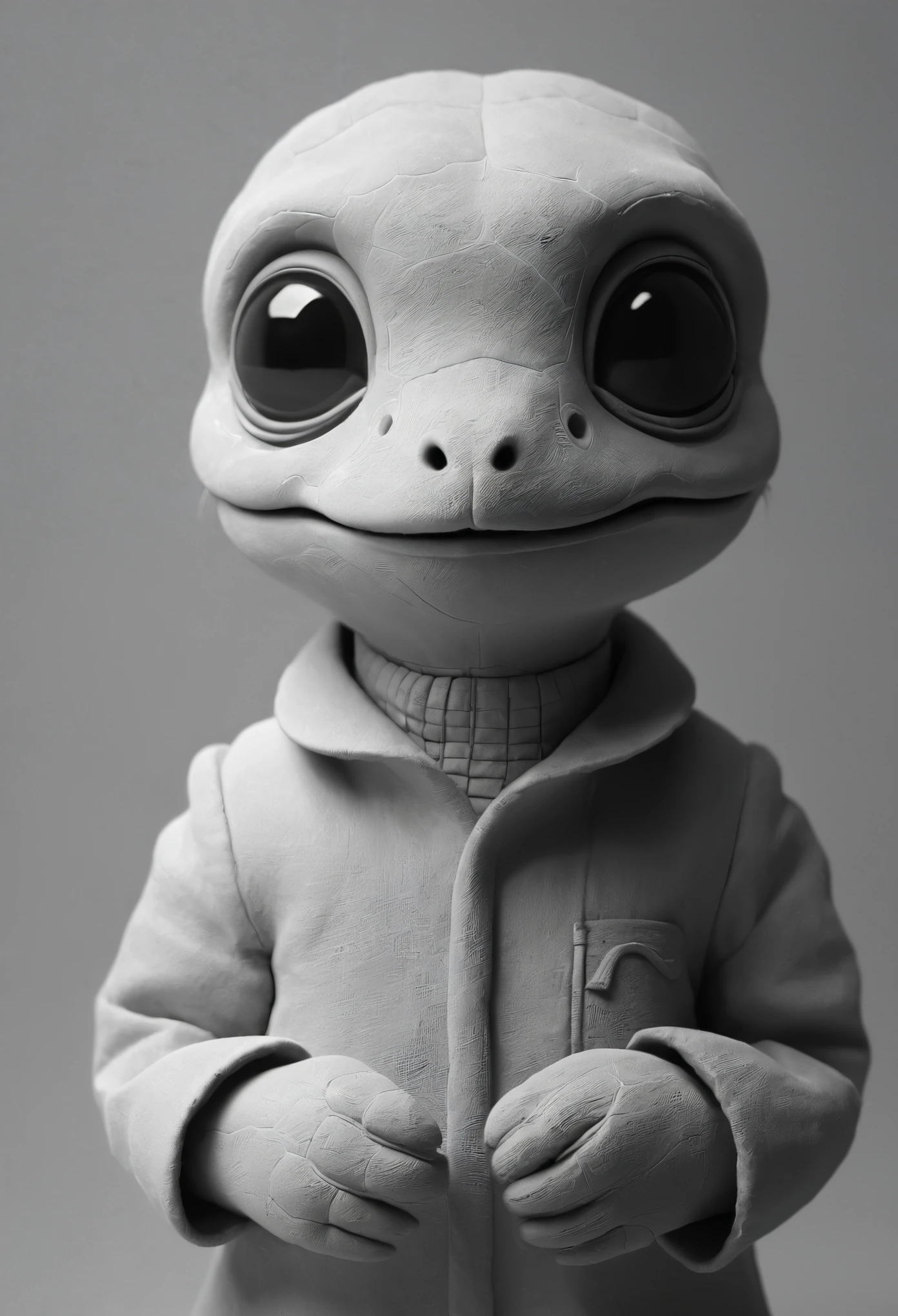 black and white photo of a small stuffed animal, Mother portrait, Anton Semenov, Clay character, inspired by E. T. A. Hoffmann, Grey Anthropomorphic, as a Clay character, Junji, that's 4 thousand, Stop-motion character animation, clay render, six of little nightmares, Humanoid monster turtle, Mother