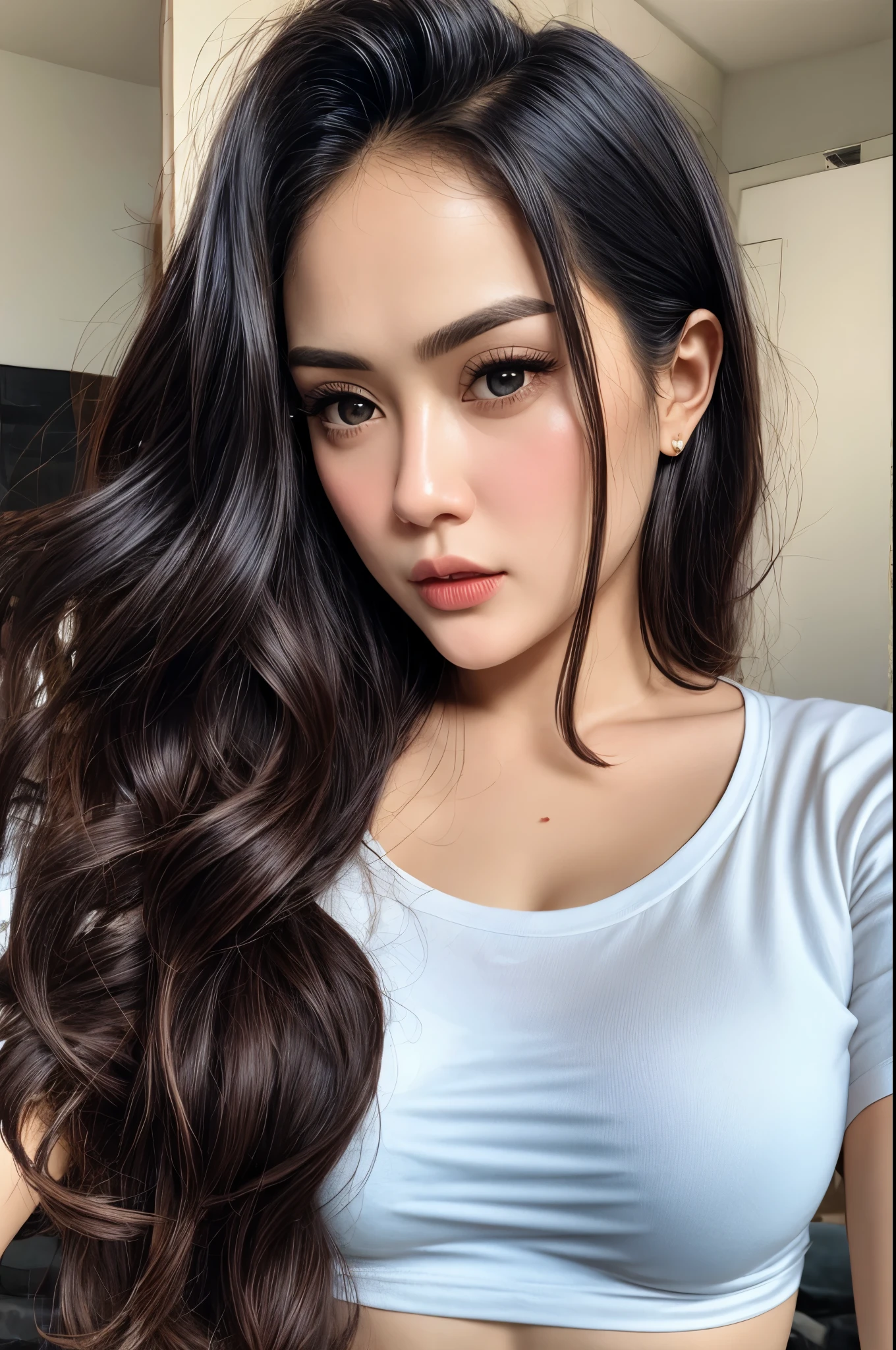 top-quality、hight resolution、​masterpiece:1, pretty woman, messy long black hair styled in loose waves, brown eyes, detailed eye, happy, lips, clean detailed faces, intracate clothes, white shirt, bright shadows, pretty gradient, depth of field, clean image, high quality, high detail, highes definition, Luminous Studio graphics engine, beautiful face, finely detailed eyes, finely detailed face, finely quality eyes, (tired and sleepy and satisfied:0.0), t-shirts, (Increase body line mood:1.1), (Increase skin texture beauty:1.1) smooth abs
