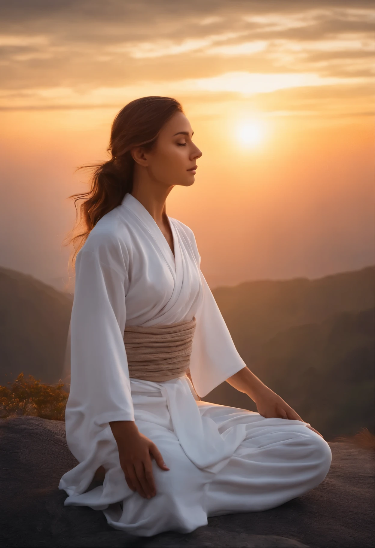 Young woman, Meditating on top of a mountain,  white clothes, Sunrise behind the ninja, hyperrealism