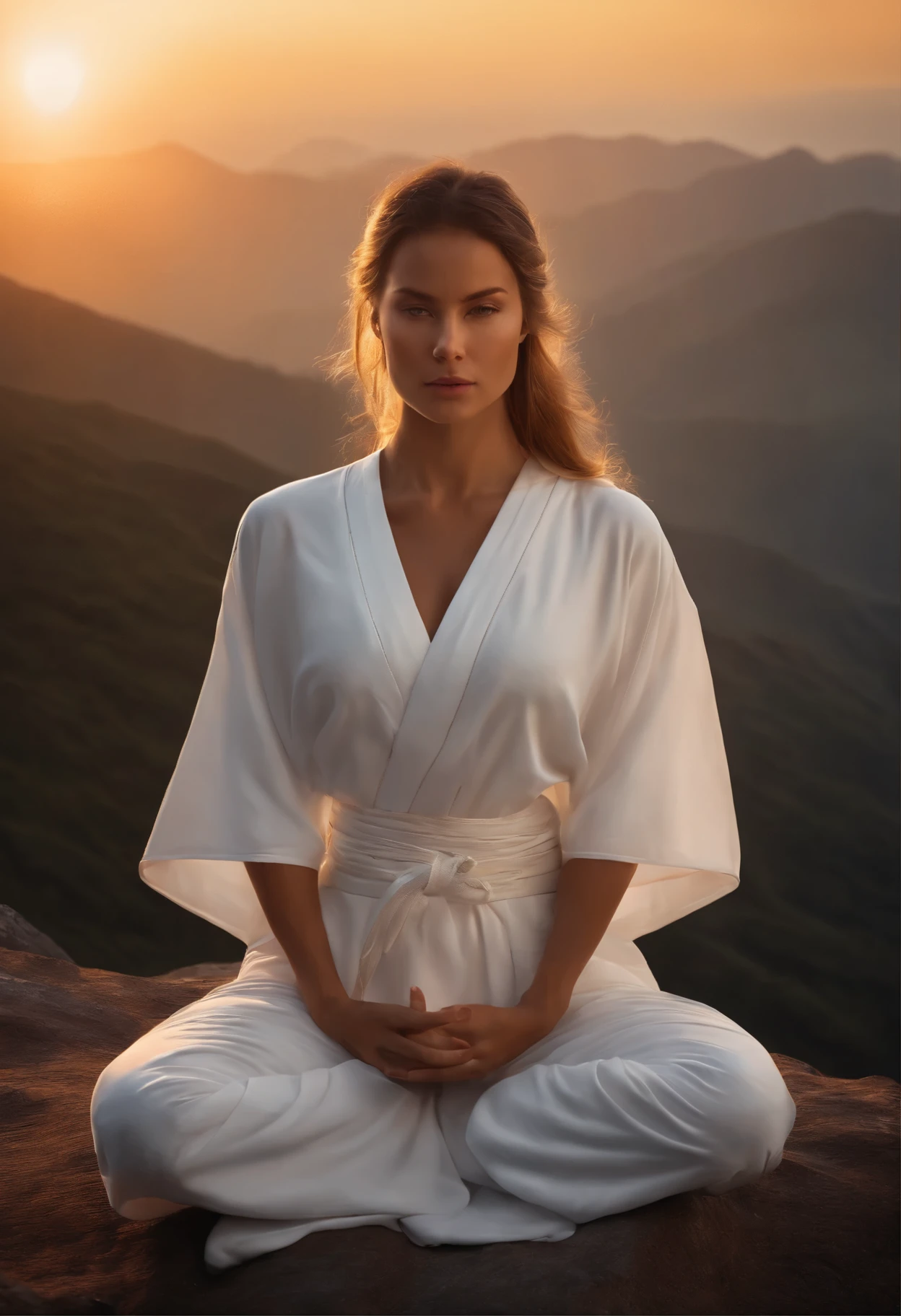 Young woman, Meditating on top of a mountain, white clothes, Sunrise behind the ninja, hyperrealism