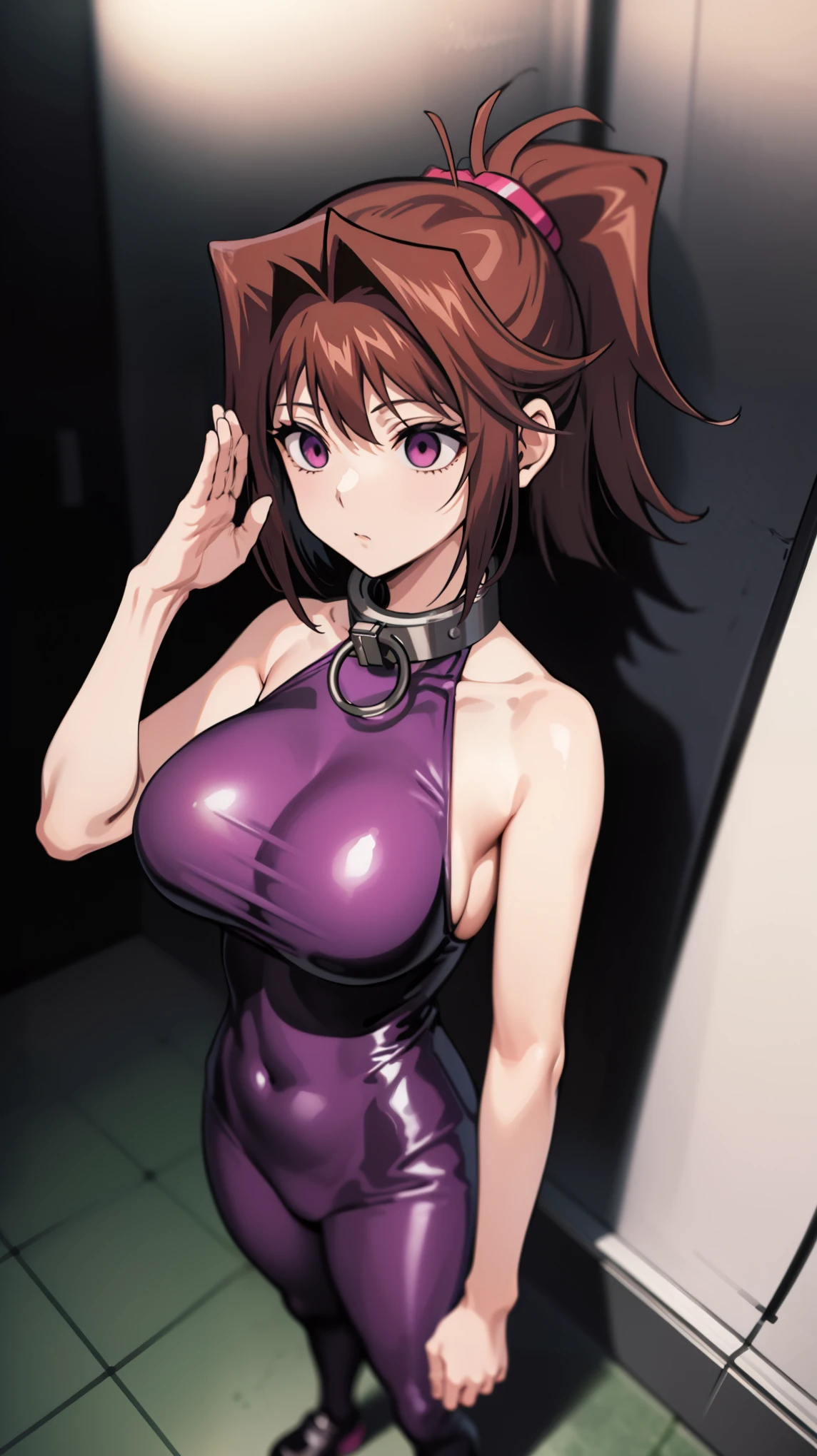 1 girl,NSFW,(((large mechanical collar))),  Kyoko Masaki,(Yu-Gi-Oh),AnzuDef,short hair, brown hair, hair ornament, high ponytail, ponytail,huge breasts, clavicle, Glowing purple eyes,absurd, brainwashing,empty eyes, ((No expression,erasure of emotions)), (black latex tight bodysuit),look away , full body figure,((stand up, salute)), (highest quality、4k、8K、High resolution、must have:1.2)、Super detailed、(reality、reality的なです、reality的な:1.37)、ticker、hyper hd、studio lighting、ultra definition paint、sharp focus、Physically based rendering、extreme details、Professional specifications、vibrancy and color、blurry、sports portrait、landscape、horror style、anime big breast、SF、photograph、concept artist、five fingers, perfect body,  {{{masterpiece}}}, {{{highest quality}}}, {{Super detailed}}, {shape}, {{very delicate and beautiful}},Improved cost performance、all roles、Canon 5D MK4でphotograph、photograph, 