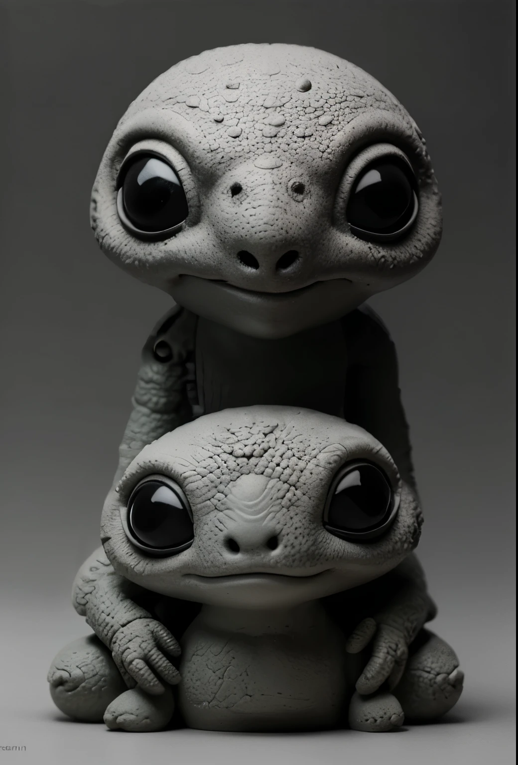 black and white photo of a small stuffed animal, Mother portrait, Anton Semenov, Clay character, inspired by E. T. A. Hoffmann, Grey Anthropomorphic, as a Clay character, Junji, that's 4 thousand, Stop-motion character animation, clay render, six of little nightmares, Humanoid monster turtle, Mother