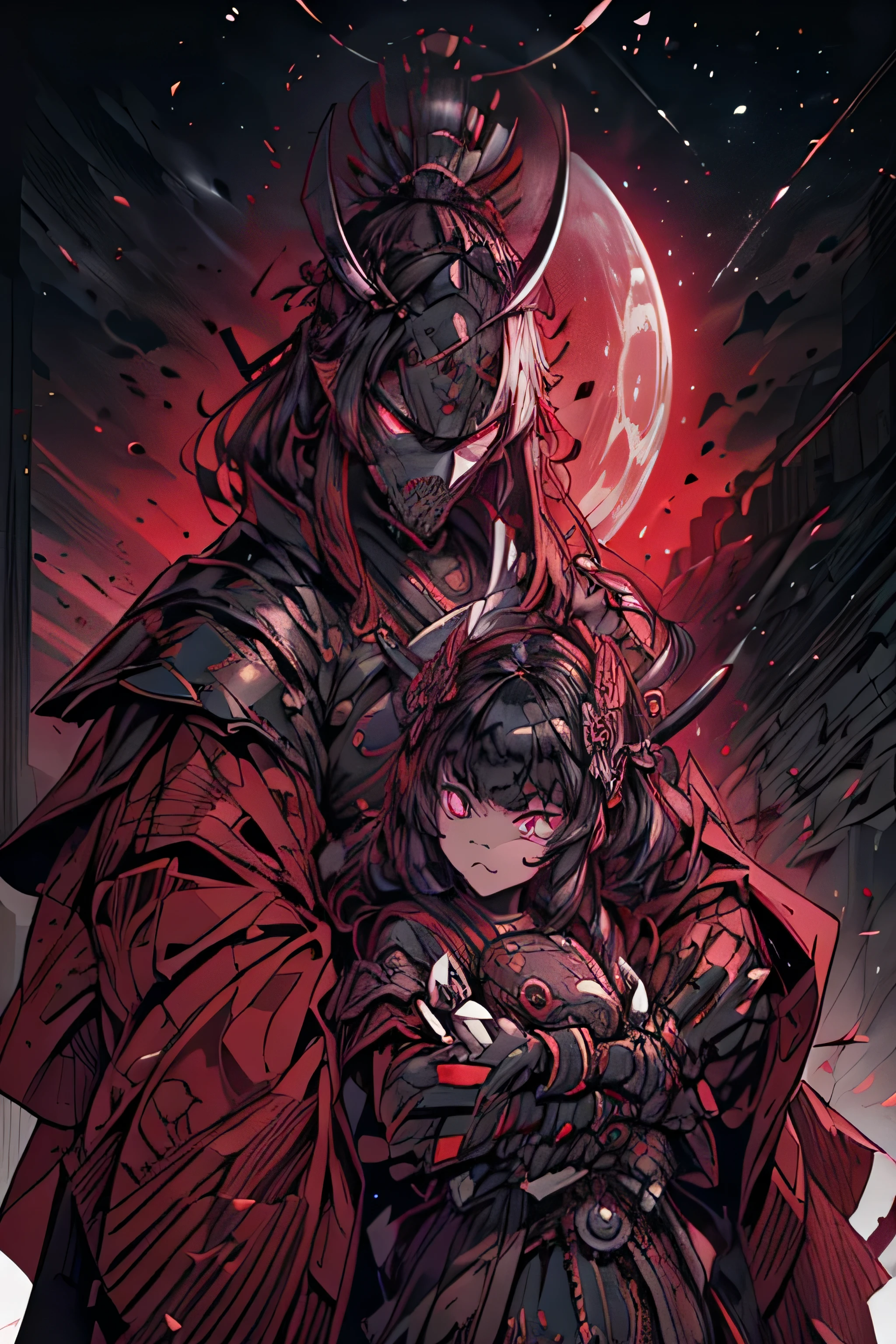 (um poderoso guerreiro samurai:1.1, atmosfera intensa, capacete blindado preto, dark samurai mask covering the face, estilo mortal kombat, manoplas pretas, Armadura de perna preta, Olhos vermelhos brilhantes, esclera dos olhos preta, imposing presence, era feudal nobre, Samurai warrior from the Sengoku period, Formidable figure, pronto para a batalha, Destemido:1.1), olhos com escleras pretas estilo tokyo ghoul, red pupils, dark collors.