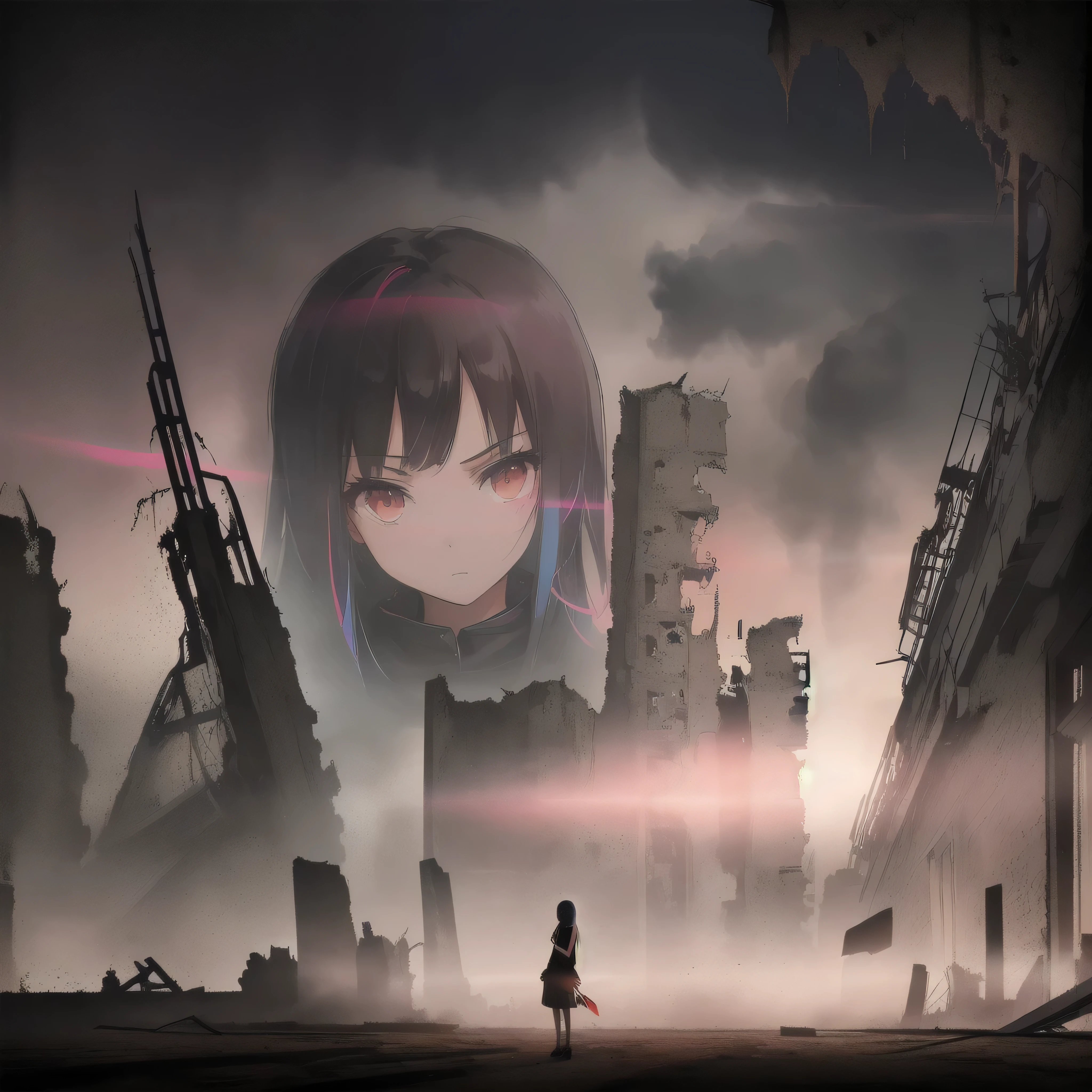 a beautiful silhouette of a girl with floating dust particles around her, standing fearlessly, panoramic view of a girl, (katana in sheath:0.9), (girl looking at the viewer with flawless sight:1.3), (zoom at the face:1.3), (focus at the face:1.3), behind her is a whirlwind, behind her is silent and atmospheric background filled with broken buildings and structures, (((ruins))), (foggy sky:1.3), (vibrant colors:1.7), (sharp focus:1.3), (cinematic lighting), (tornado in the background:1.3), (haze:1.3), ((conveying a sense of mystery and intensity)), forced witness, (horror theme:1.4), long hair, ((girl fits in the background:1.4 ))