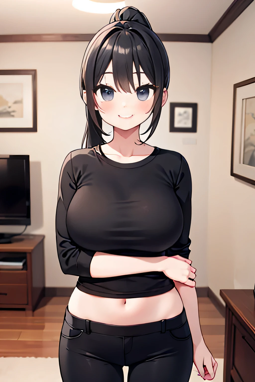 big breasts　older sister　ponytail　black hair　wearing black clothes　beautiful woman　highest quality　Wearing a long black T-shirt　wearing a plain T-shirt　wearing black pants　smile　looking here　inside the house　Private room