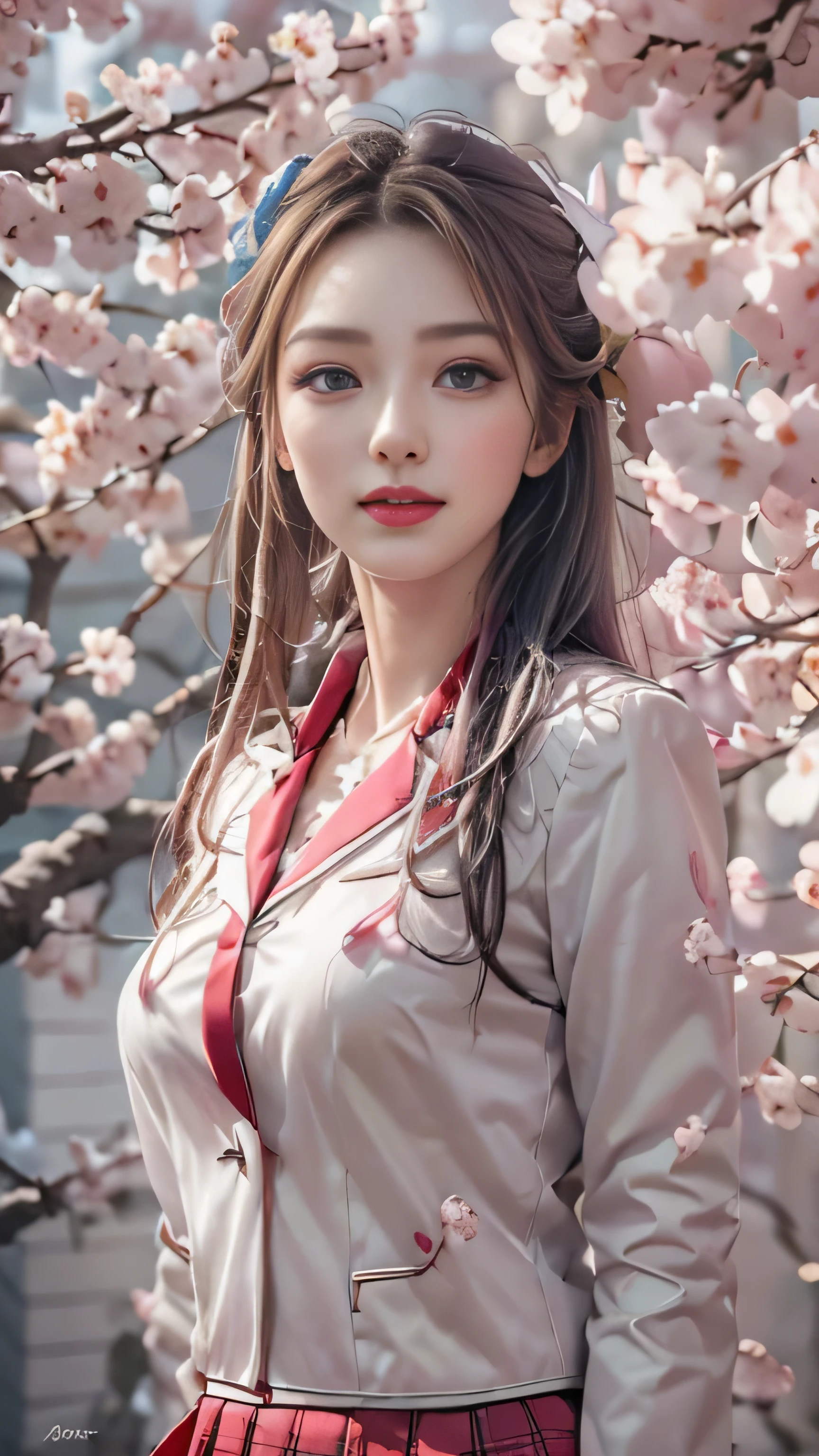 ((Girls standing on a row of cherry blossom trees)),top quality work,Real work,Ultra premium graphics,8K HD CG作品,high quality graphics,High-definition CG works,10x pixels,super fine details:1.1,Advanced technical details:1.1Photo-realistic,indoor lighting effects:1.5,Natural light:1.5. light effect(virtual light effect:1.8),超A high resolution,shiny red dress,長いsilver hair,silver hair,transparent hair,high detail hair(premium hair detail:1.1)clear eyes,beautiful double eyelids,sharp eye makeup, delicate eyelash makeup, thin eyebrows, highly detailed eyes,high nose, nice red lips, rose cheeks, A face with delicate makeup , cute face, perfectly proportioned face,(Advanced facial details:1.1),bright red series,(white blazer) 、(white blouse)、(red bow tie)、(checked skirt)、(My skirt flies up in the wind)、white panties are visible、girls school uniform、photo shoot,woman'artwork of,full body figure,realism,wonderful,My eyes are shining today、(smile),(Cherry blossom petals are dancing)、((In a blizzard of flowers))、(smile),