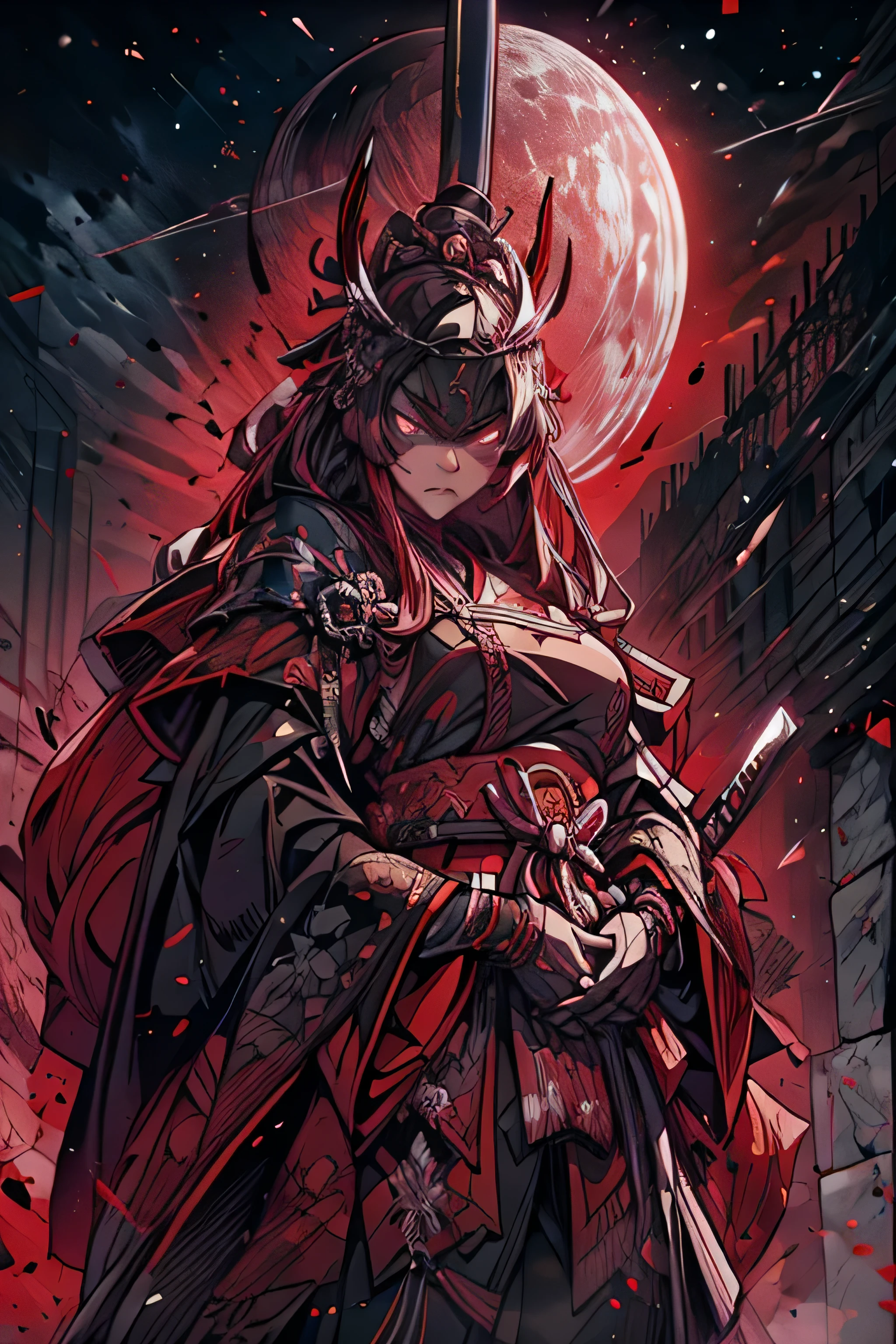 A close up of a person holding a sword in front of a full moon - SeaArt AI