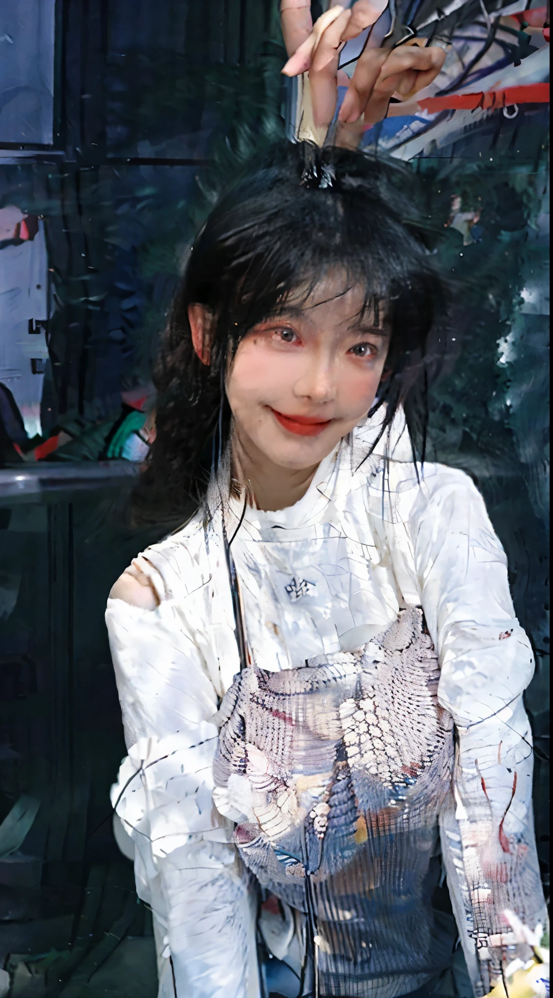 best qualtiy，tmasterpiece，ultra high resolution，（realisticlying：1.4），2girls，Red sweater dress,Red sweater dress,self-shot，Large wavy curls，Goose egg face，Enchanted smile，double eyelid，A pair of peach blossom eyes，，Pure，choker necklace，adolable，Translucent skin，head straight-looking at viewer，bathroom，taking a shower，Full of atmosphere，hair pin：1.4，（The upper part of the body：1.4），