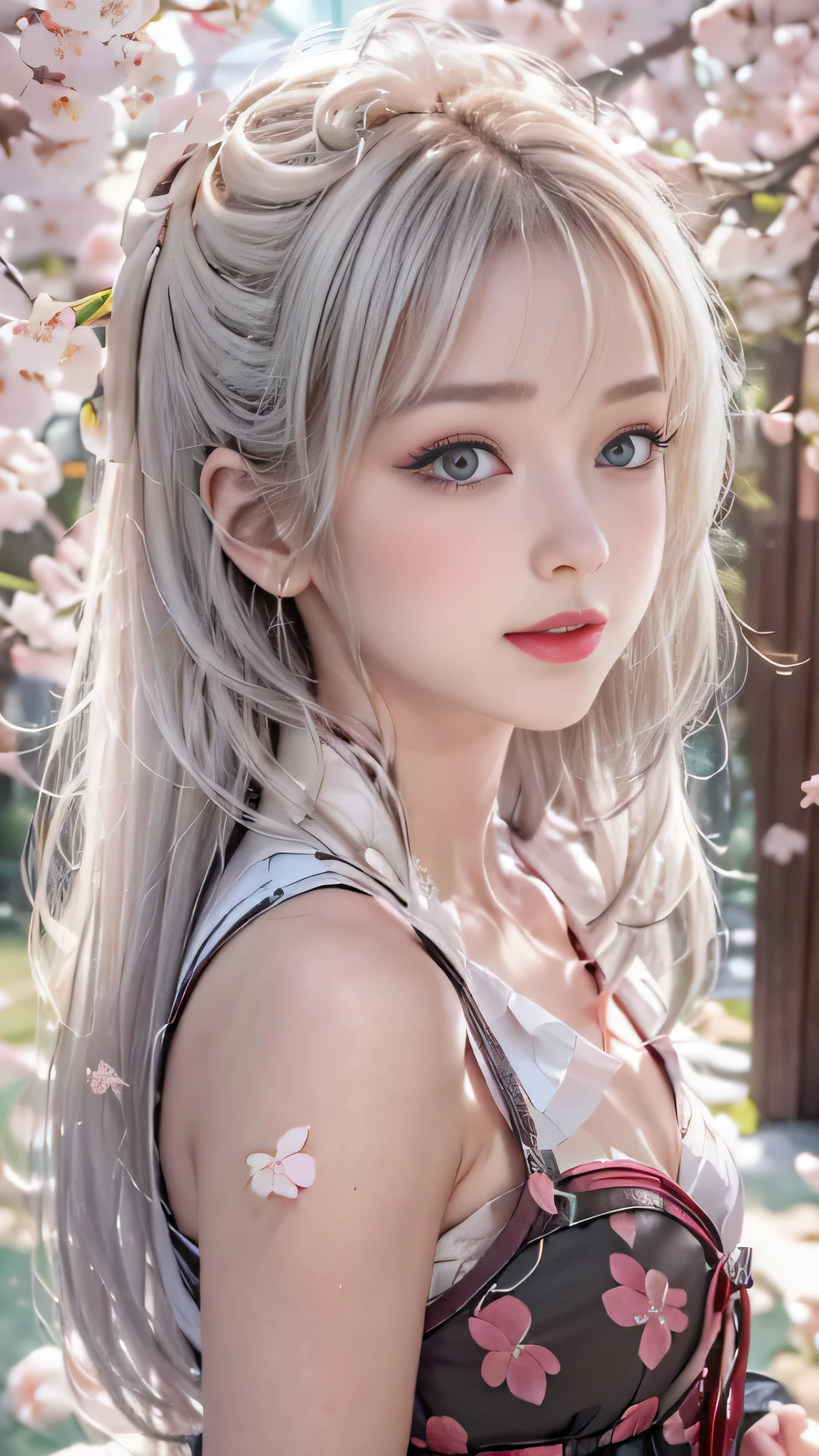 ((Girls standing on a row of cherry blossom trees)),top quality work，Real work，Ultra premium graphics，8K HD CG作品，high quality graphics，High-definition CG works，10x pixels，super fine details：1.1，Advanced technical details：1.1Photo-realistic，indoor lighting effects：1.5，Natural light：1.5. light effect（virtual light effect：1.8），超A high resolution，shiny red dress，長いsilver hair，silver hair，transparent hair，high detail hair（premium hair detail：1.1）clear eyes，beautiful double eyelids，sharp eye makeup, delicate eyelash makeup, thin eyebrows, highly detailed eyes，high nose, nice red lips, rose cheeks, A face with delicate makeup , cute face, perfectly proportioned face,（Advanced facial details：1.1），shiny，wonderful dress，bright red series，(white blazer) 、(white blouse)、(red bow tie)、(checked skirt)、（My skirt flies up in the wind)、white panties are visible、girls school uniform、photo shoot，woman&#39;artwork of，full body figure，realism，wonderful，My eyes are shining today、(smile),(Cherry blossom petals are dancing)、((In a blizzard of flowers))、(smile),